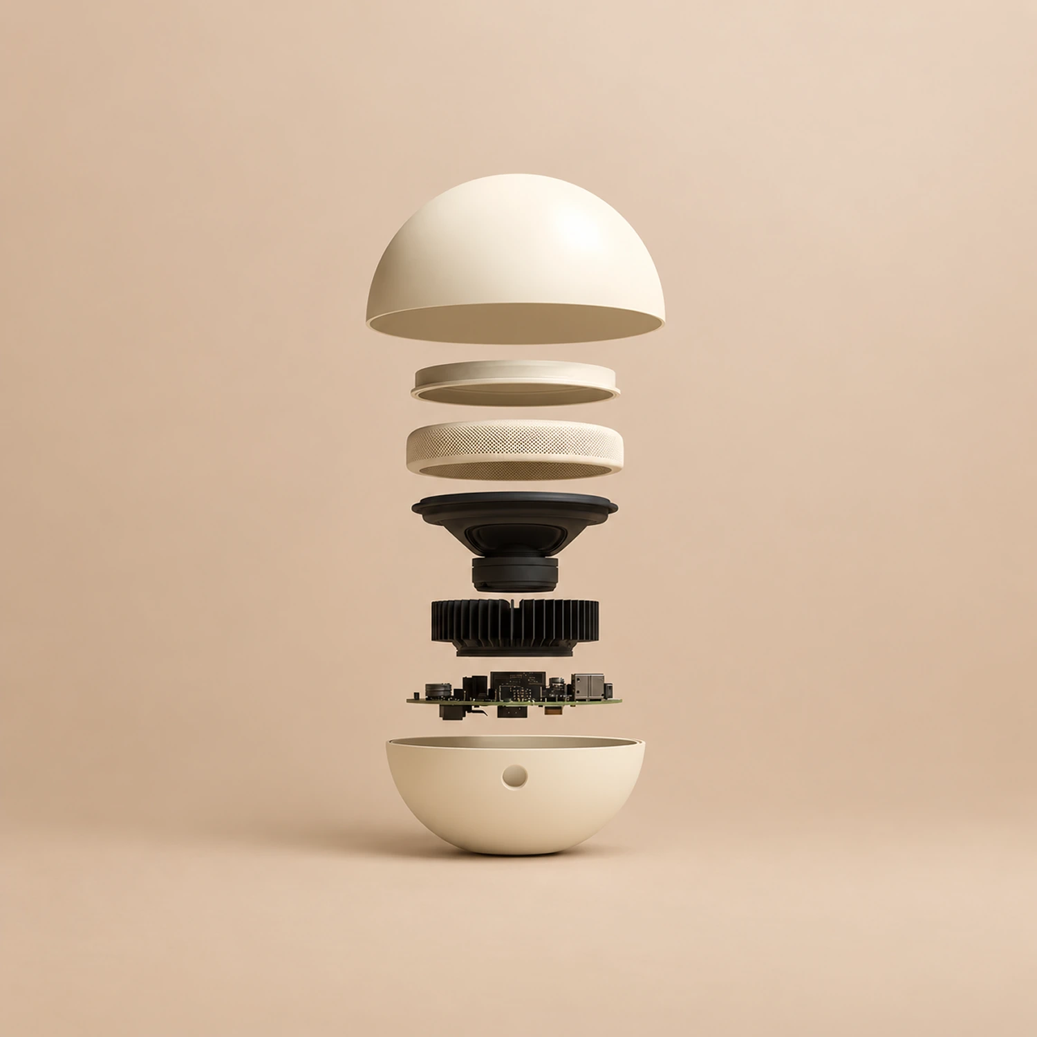 Vertical exploded view of the Sonick speaker, with its cream shell and separated internal components.