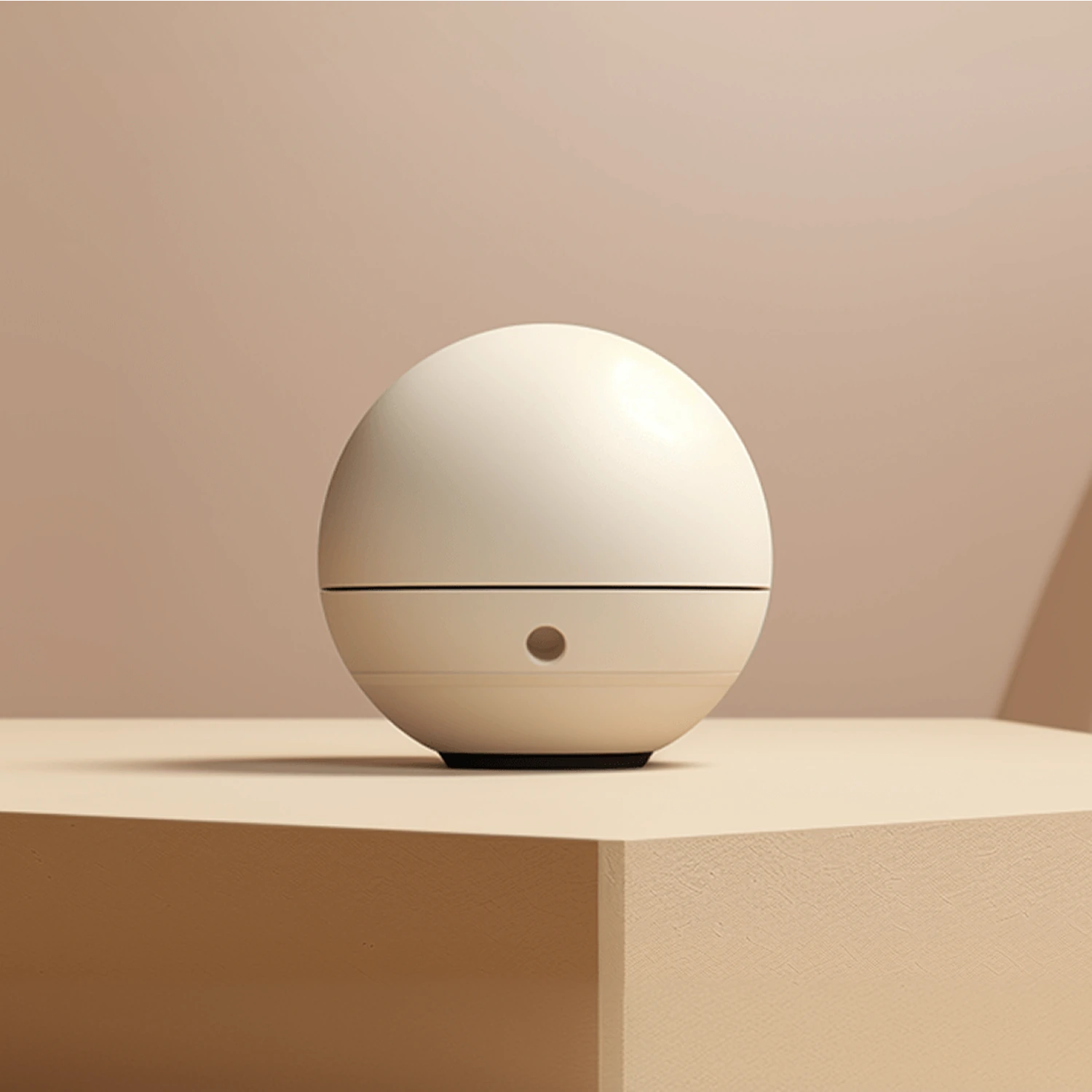 Cream spherical Sonick speaker on a plinth in a beige setting.