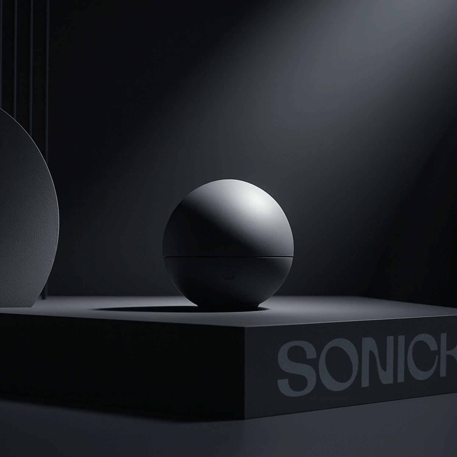 Black spherical Sonick speaker lit on a dark plinth bearing the brand name.