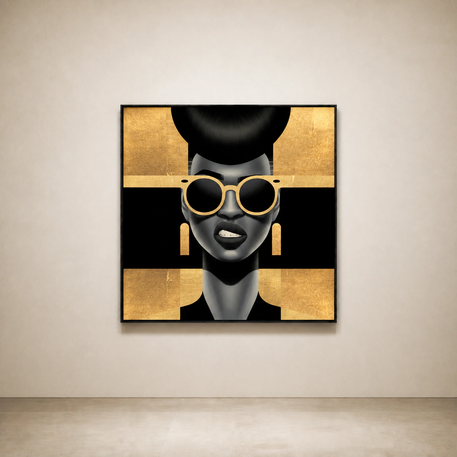 Black and Gold by Samy Halim: a front-facing portrait with round gold glasses, framed on a beige wall.