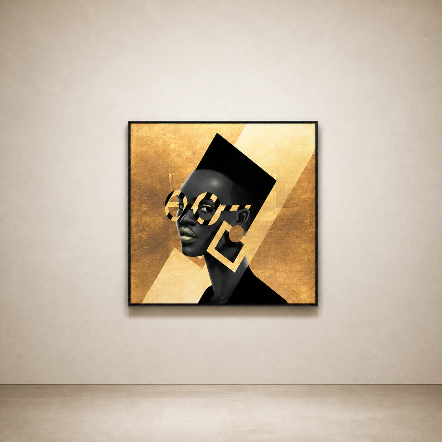Black and Gold by Samy Halim: a three-quarter portrait with round glasses and geometric gold jewellery.