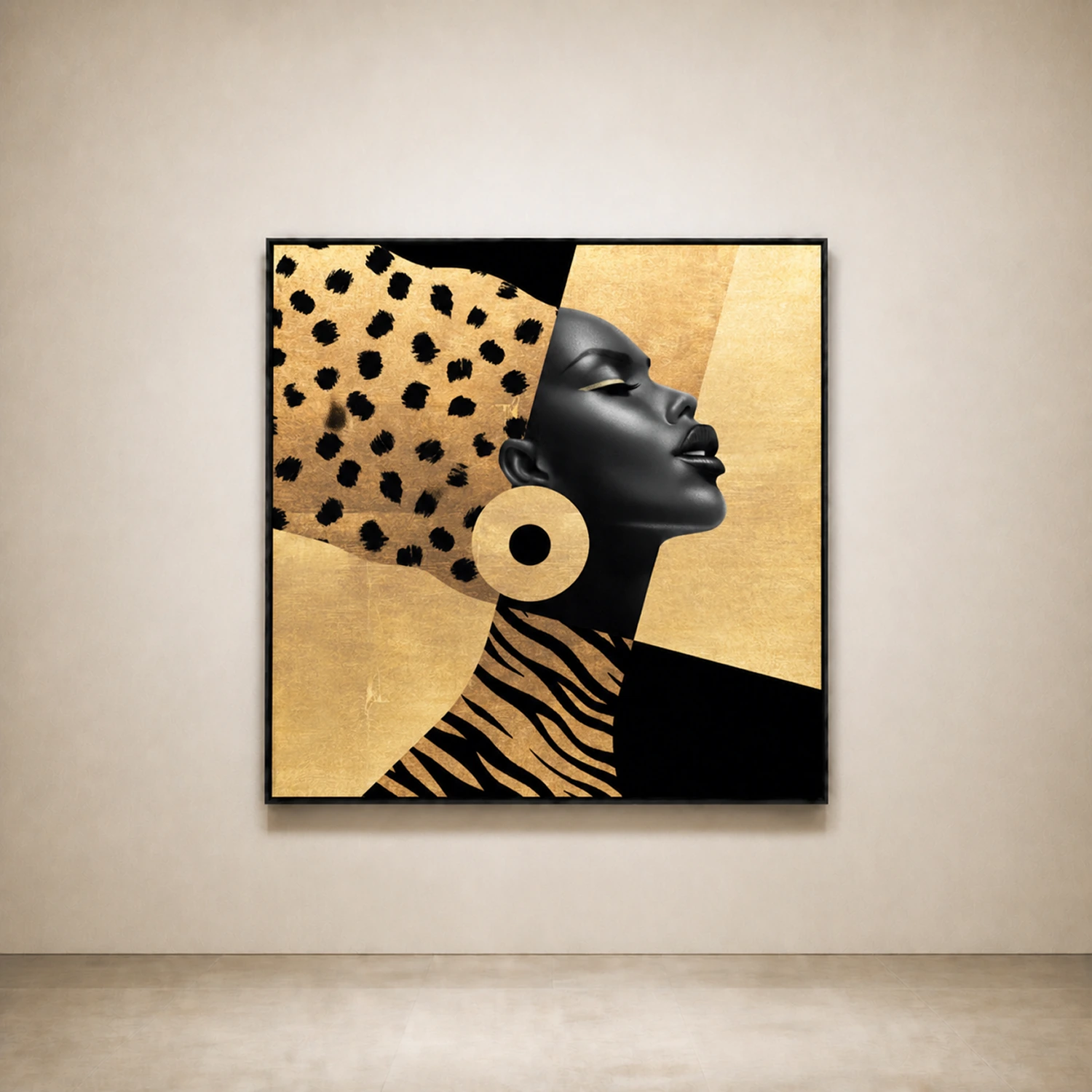 Black and Gold by Samy Halim: a profile portrait with spotted and zebra patterns in black and gold.