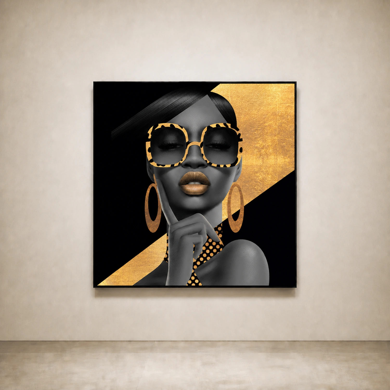 Black and Gold by Samy Halim: a portrait with large square glasses, gold lips and gold earrings.