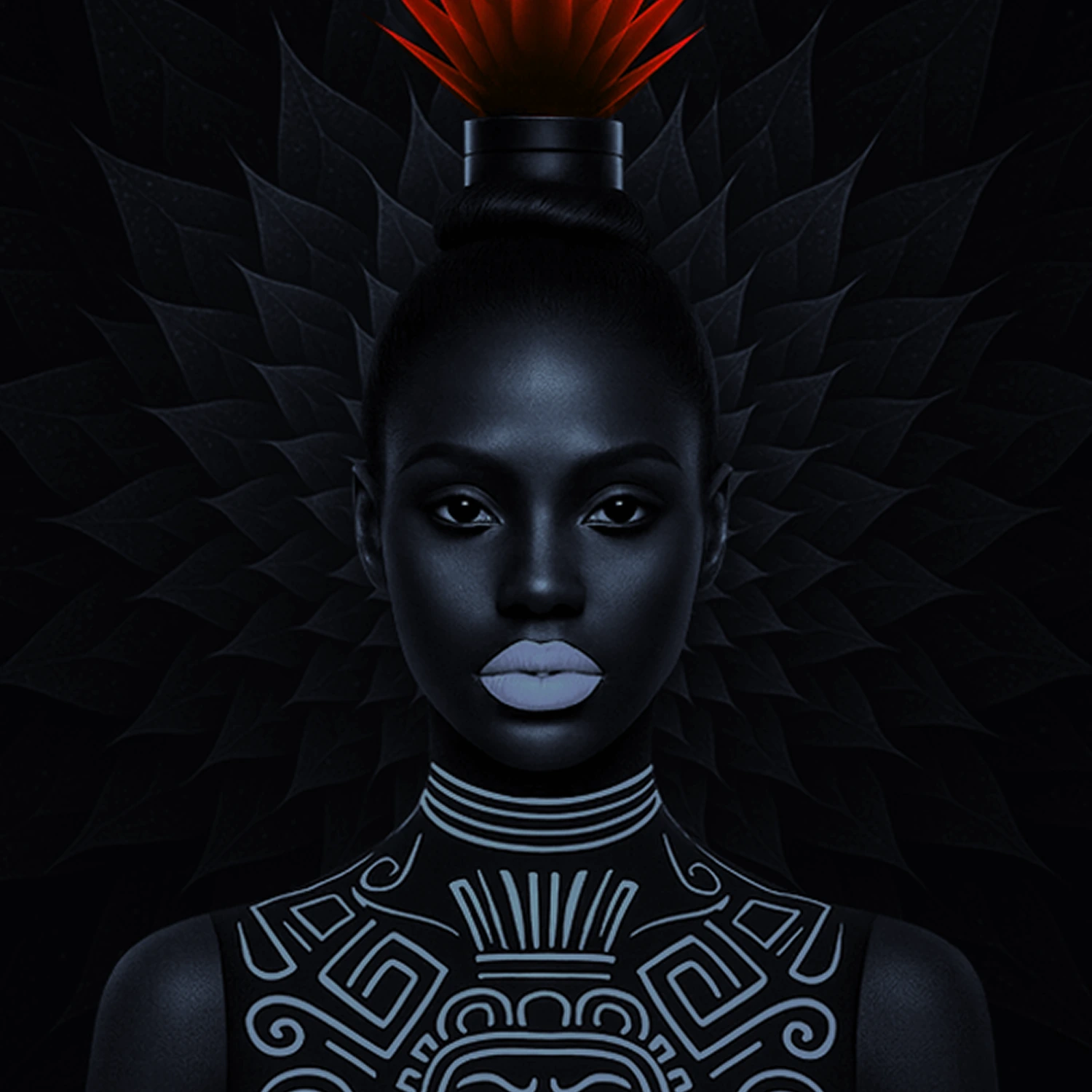 Illustrated Maya Azul portrait with light geometric patterns, dark surrounding leaves and a red cap above.