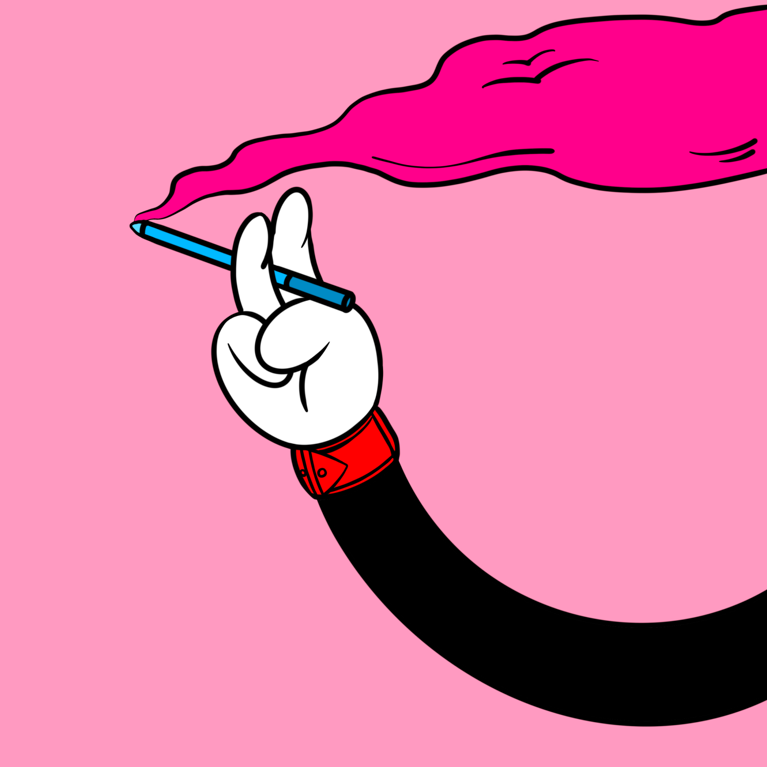 Techno Hands by Alexis Olin: a gloved hand holding a blue cigarette with pink smoke against a pale pink background.