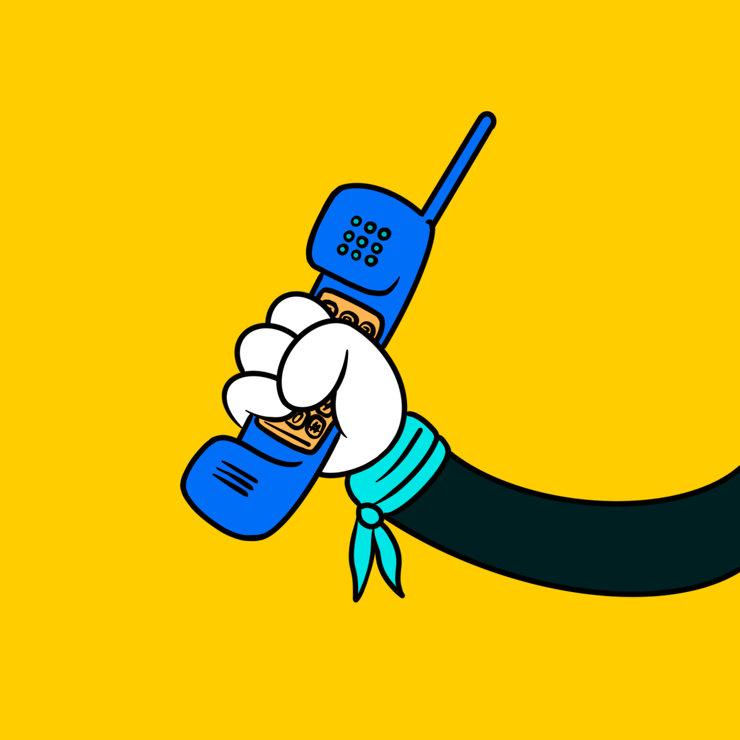 Techno Hands by Alexis Olin: a gloved hand holding a blue phone with an antenna and a turquoise scarf against a yellow background.