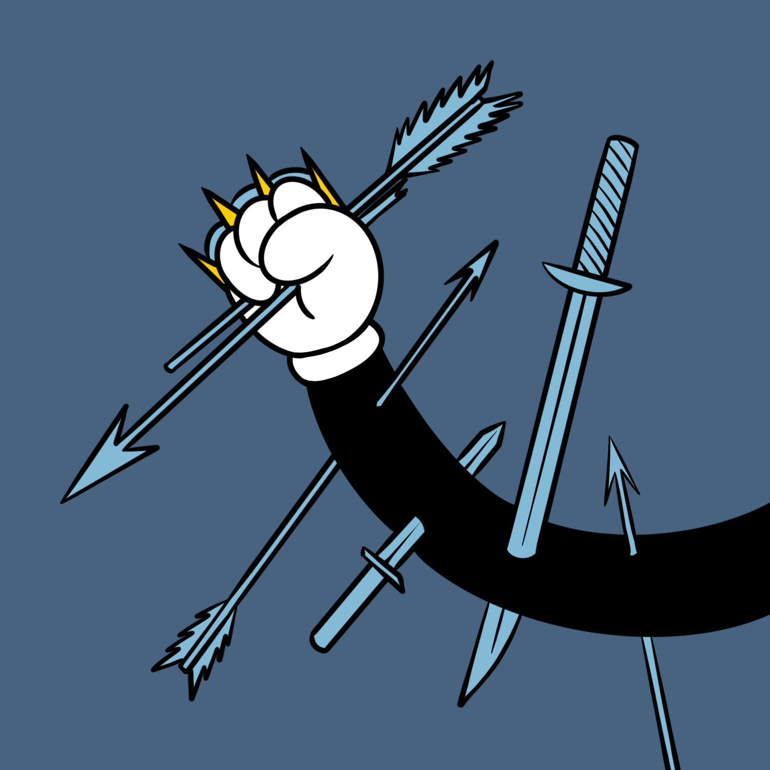 Techno Hands by Alexis Olin: a gloved hand gripping an arrow, with arrows and swords through the arm against a blue-grey background.