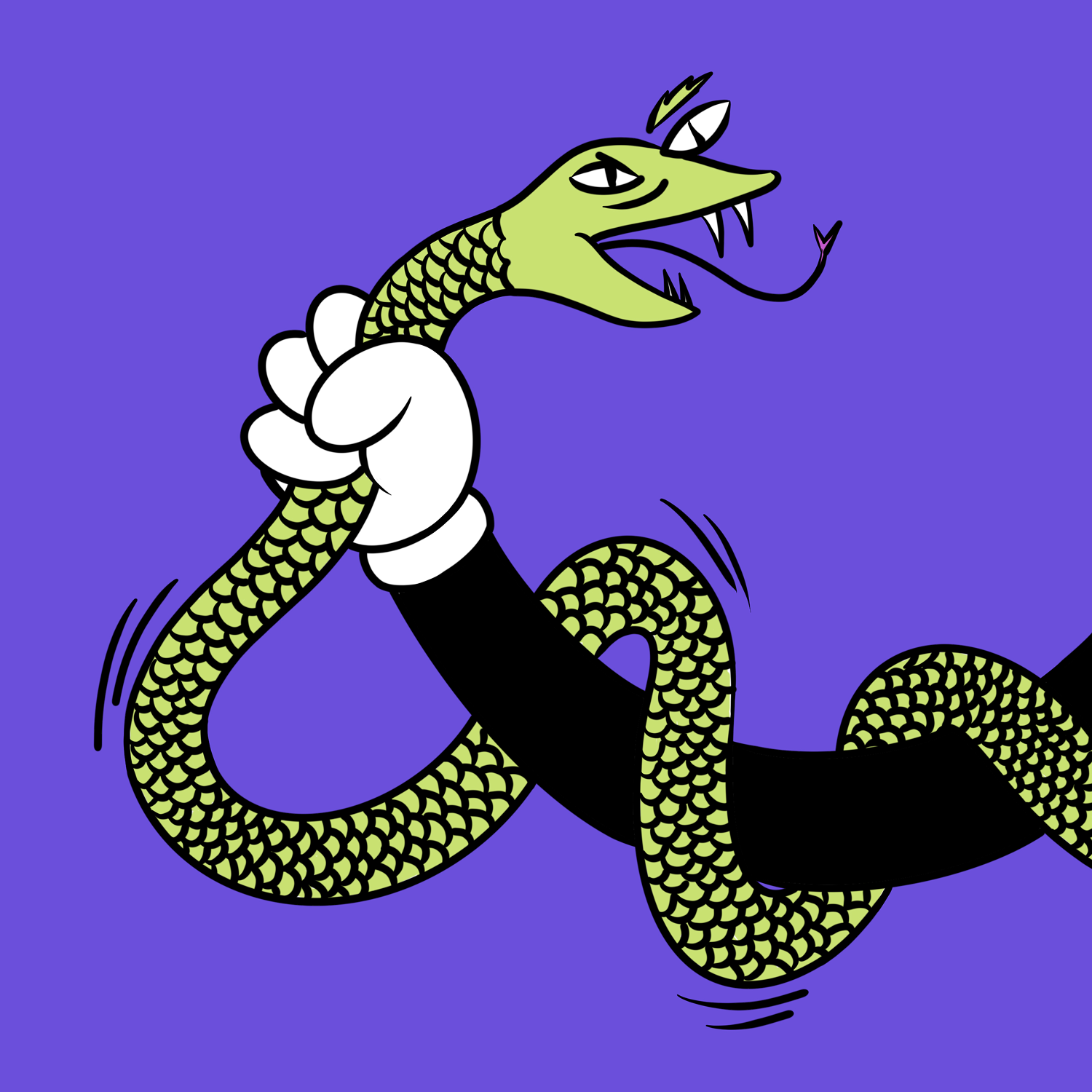 Techno Hands by Alexis Olin: a gloved hand holding a green snake wrapped around the arm against a purple background.