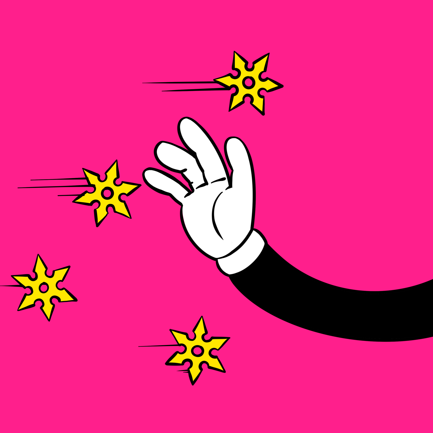 Techno Hands by Alexis Olin: an open gloved hand surrounded by yellow throwing stars against a bright pink background.