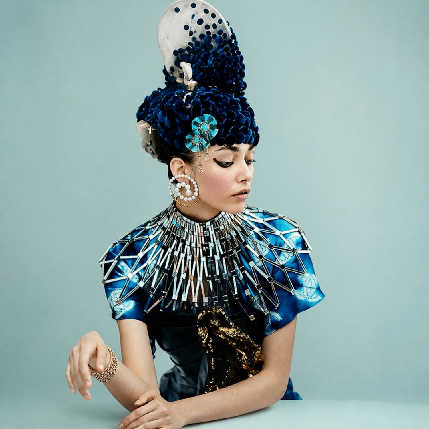 Cleo mirrored acrylic necklace worn with a blue outfit and sculptural headdress.