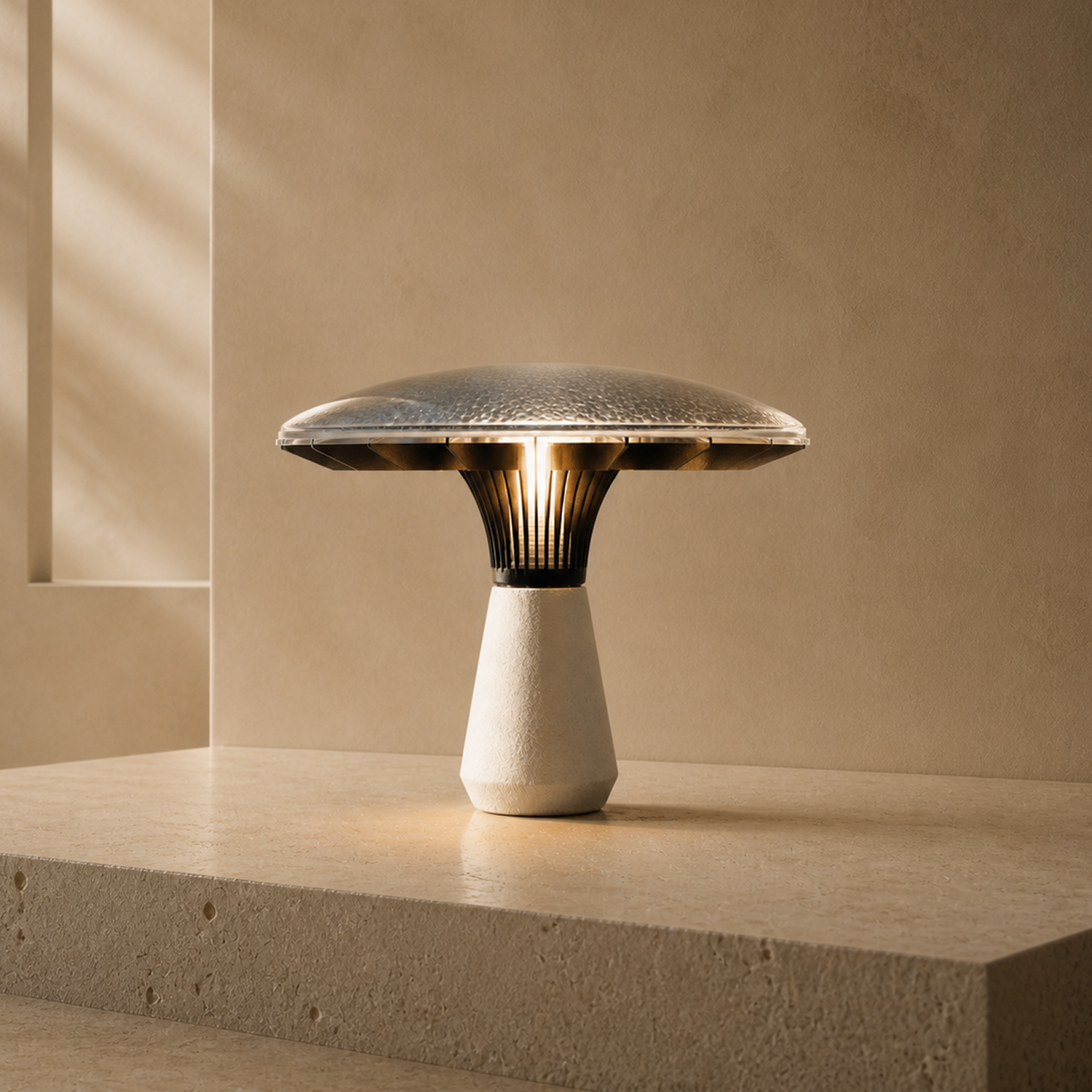 Kinoko mushroom-shaped portable lamp with a ceramic base, wooden blades and a textured glass dome in a light interior.