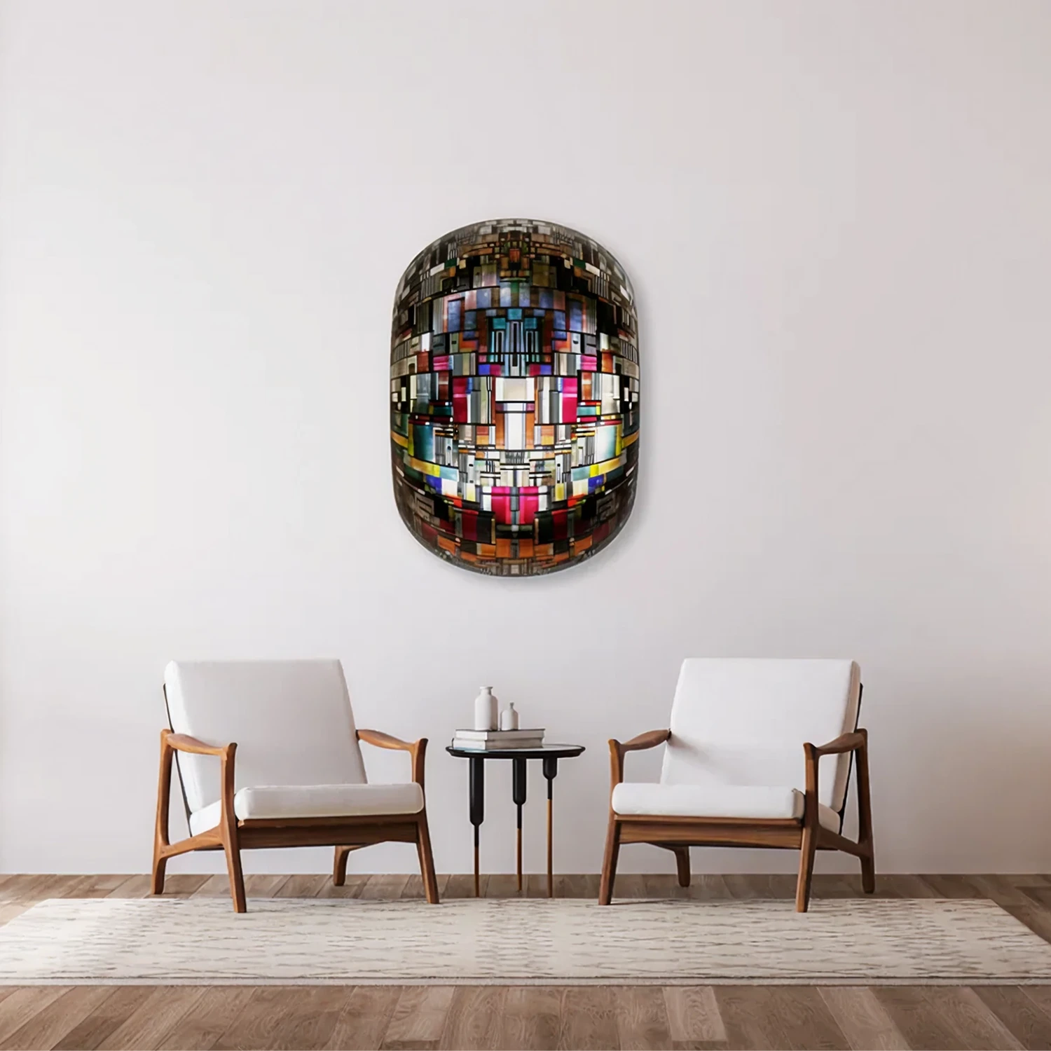 Singularity by Harto x Lezar, a colourful oval artwork displayed above two armchairs in a light interior.
