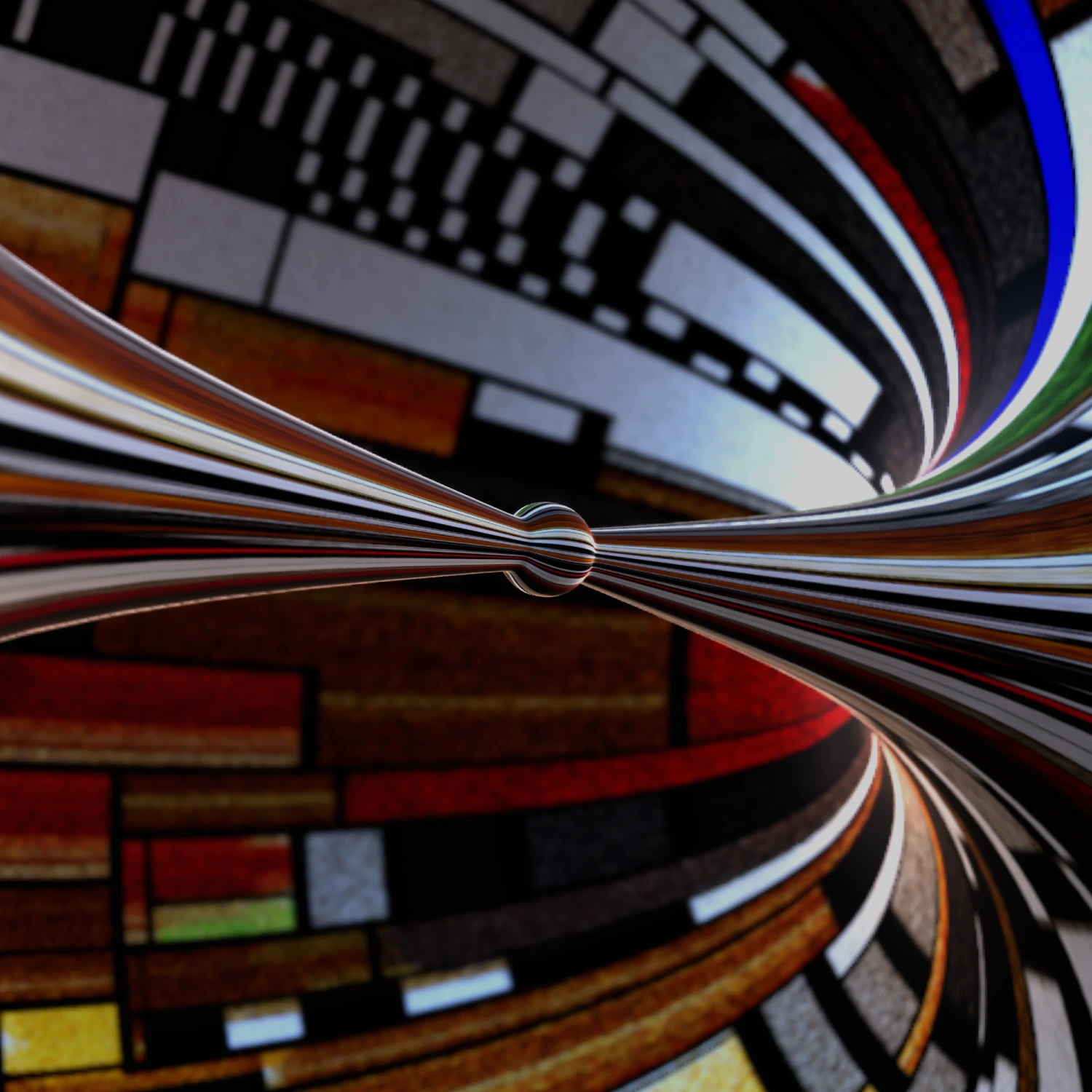 Detail of Singularity by Harto x Lezar, with colourful grid patterns stretching and curving around a central form.