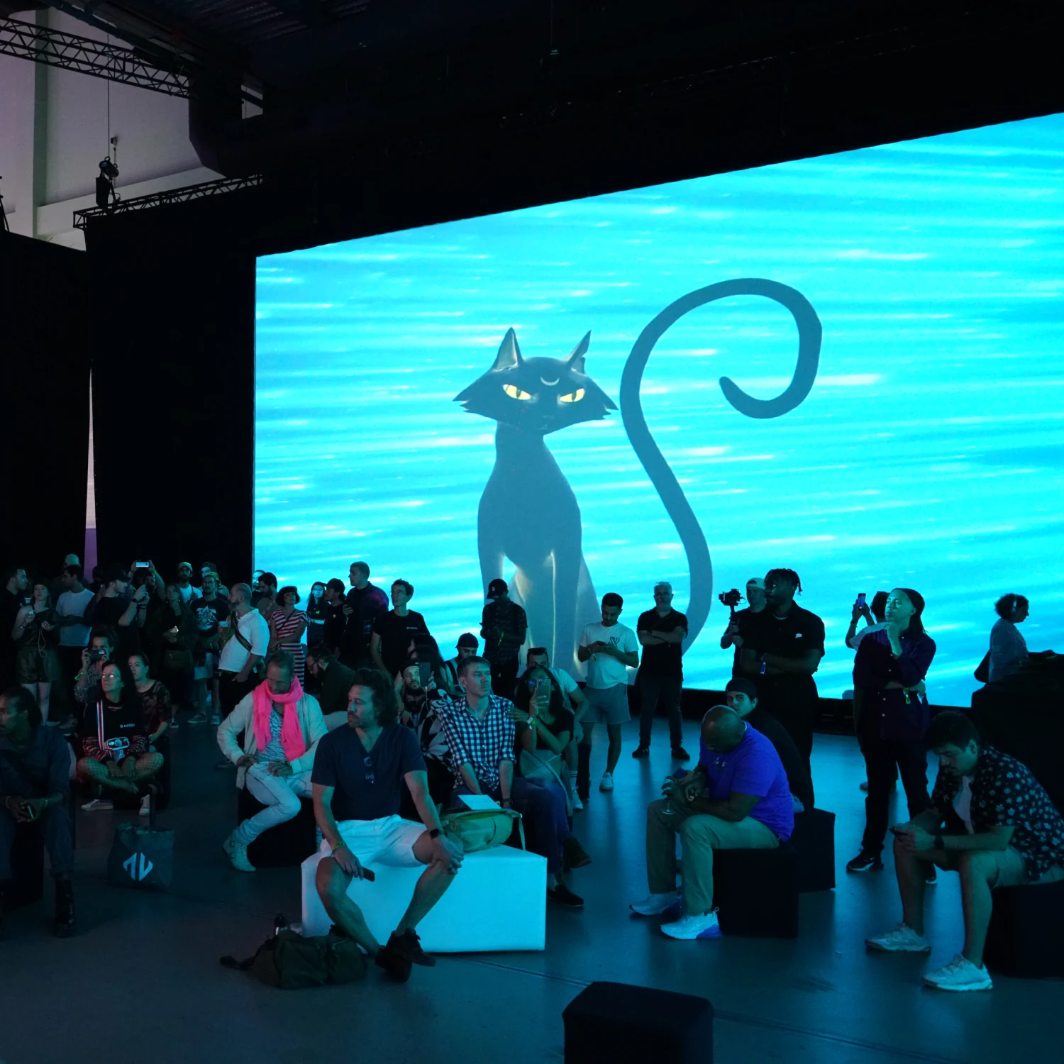 Visitors at Nephel’s Dream facing a large screen showing a black cat against a blue background.