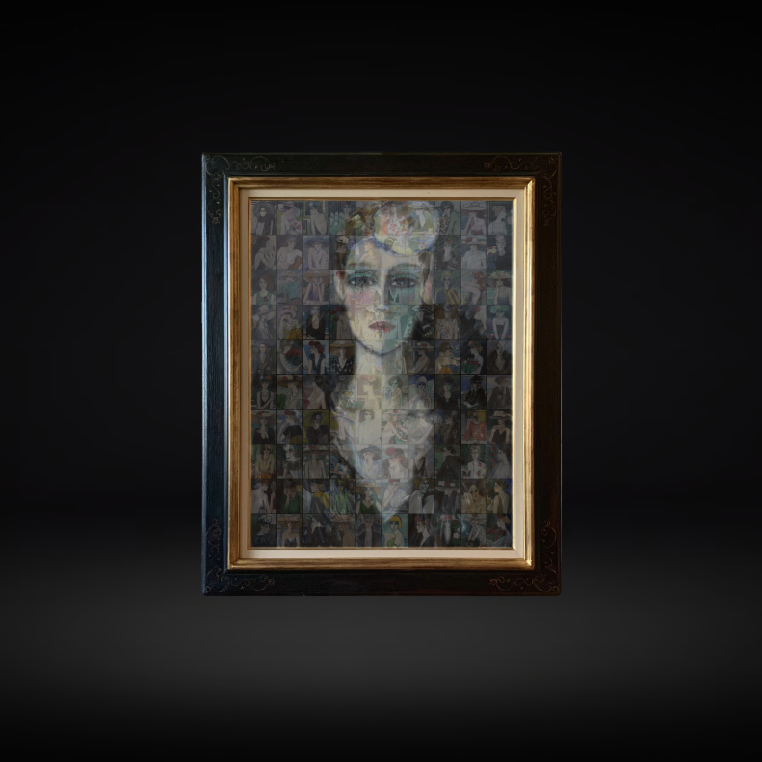 Portraits by Jean-Pierre Cassigneul x Lezar: a female portrait overlaid with a mosaic of paintings, in an ornate frame against a dark background.