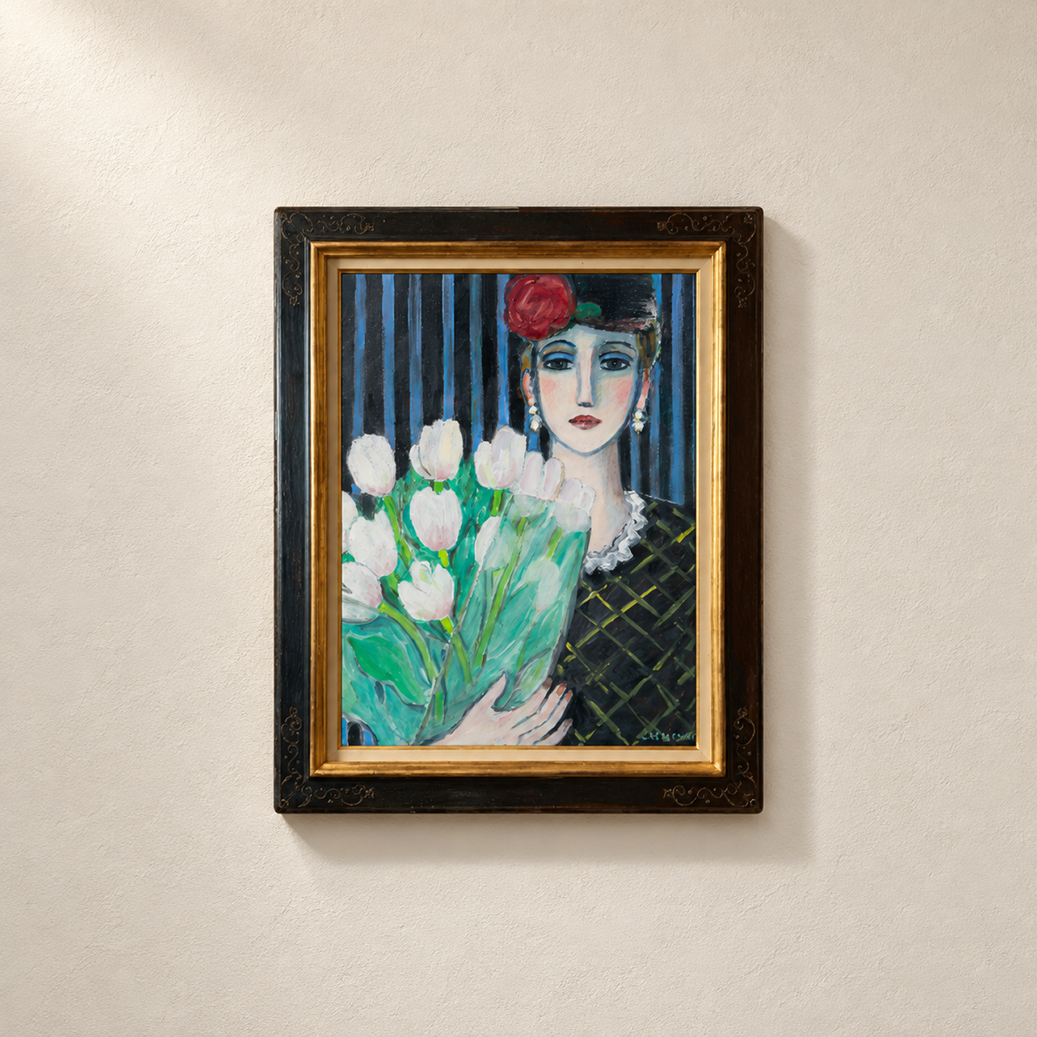 Framed portrait of a woman holding white tulips, wearing a black hat with a red flower, from Portraits by Jean-Pierre Cassigneul x Lezar.