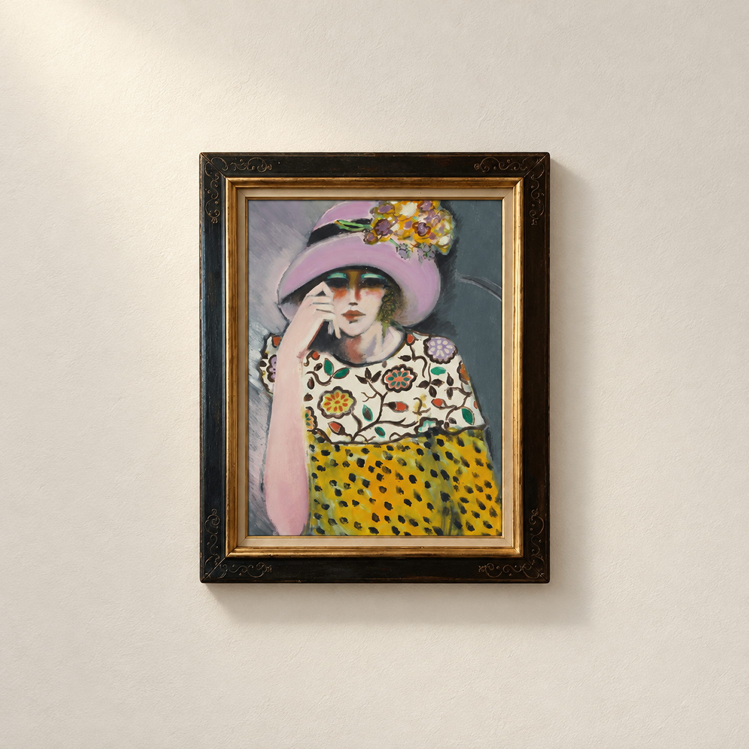 Framed portrait of a woman wearing a lilac hat and a patterned dress, from Portraits by Jean-Pierre Cassigneul x Lezar.
