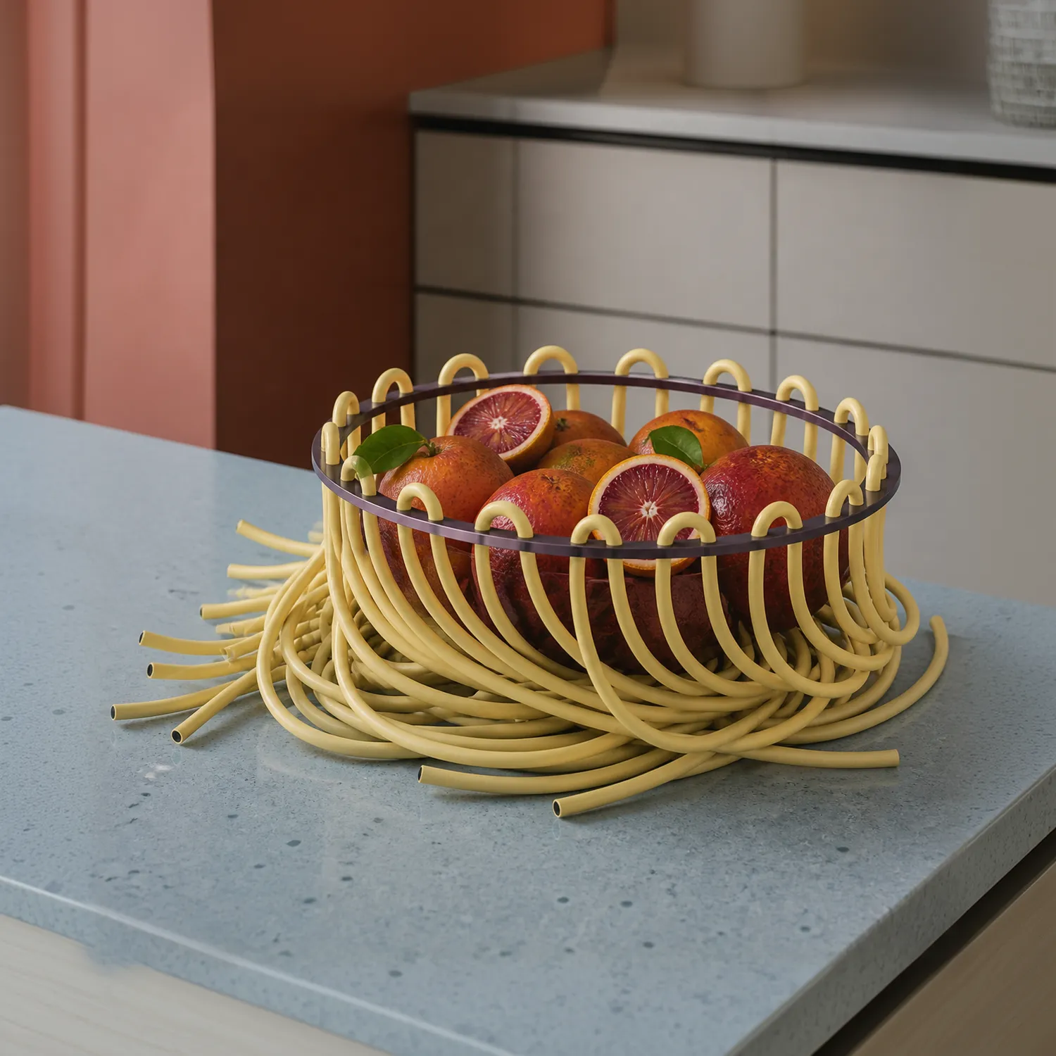 Yellow Lace fruit bowl holding blood oranges on a kitchen worktop.