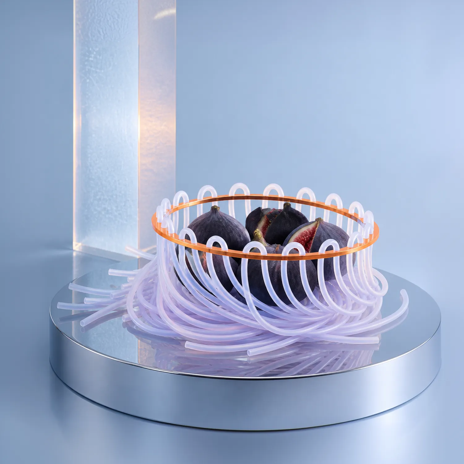 Lace fruit bowl with translucent rubber cords and figs, on a reflective blue display.