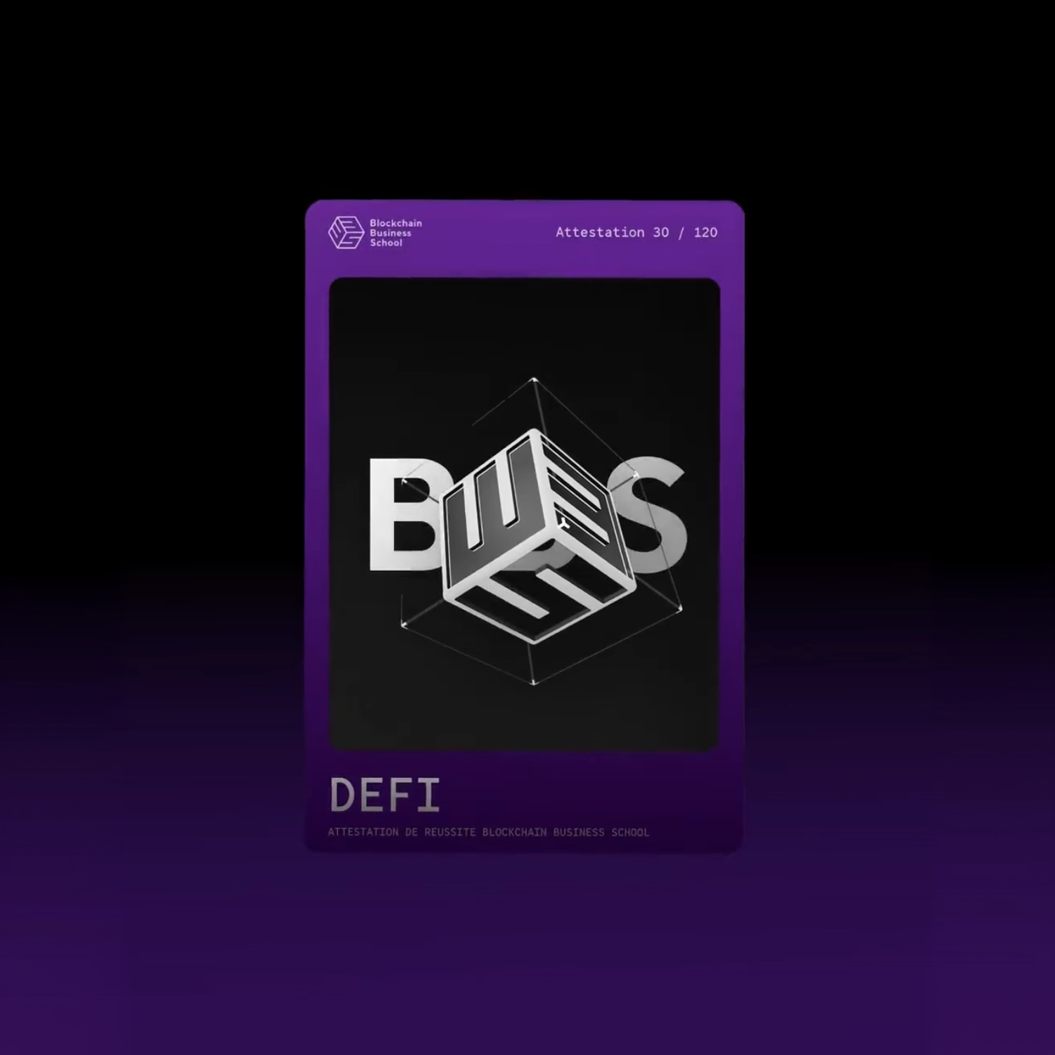 Purple Blockchain Business School DEFI certificate card.