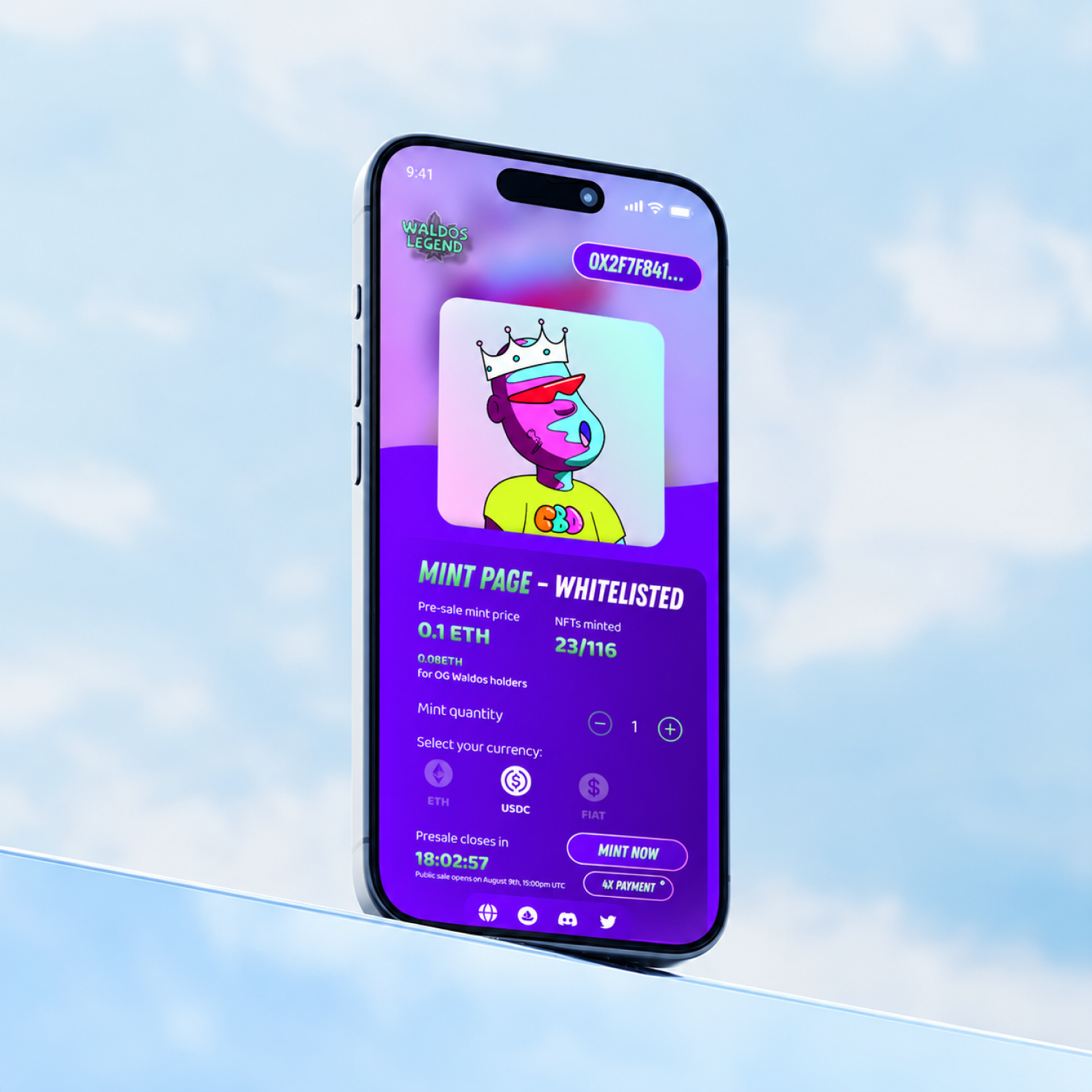 Waldos Legend mobile website displayed on a purple phone.