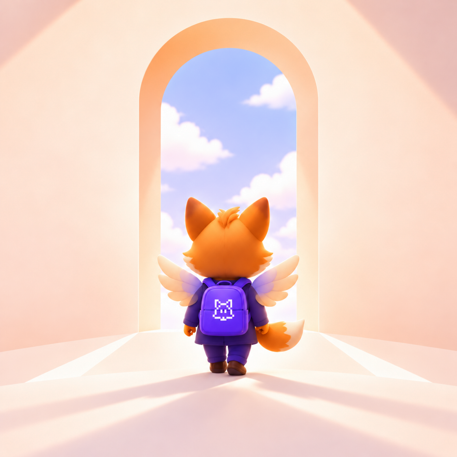 Foxia pixel fox mascot beneath an orange arch.