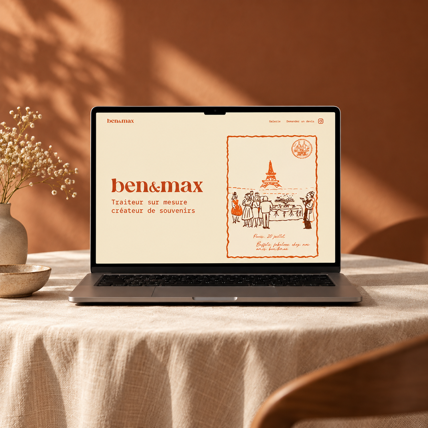 Ben&Max catering website displayed on a laptop.