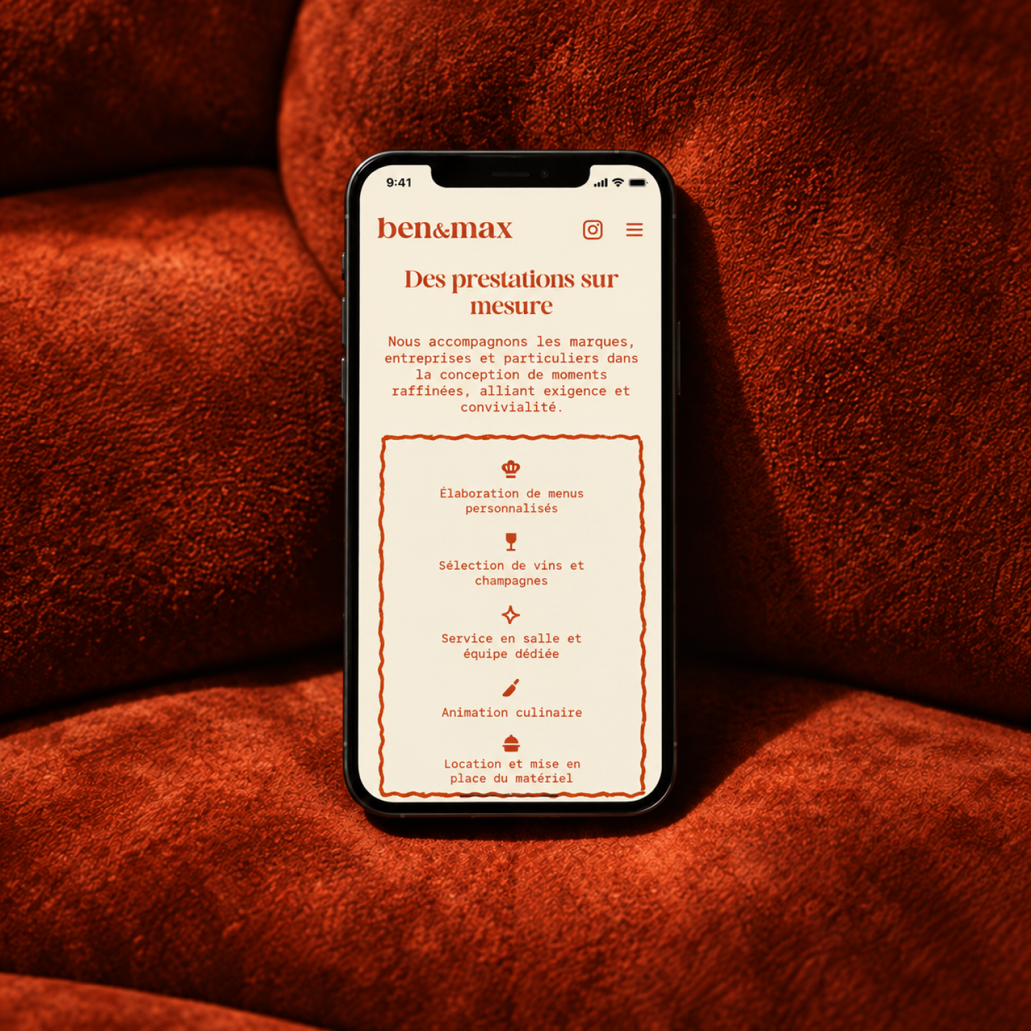 Ben&Max mobile website showing the catering menu.