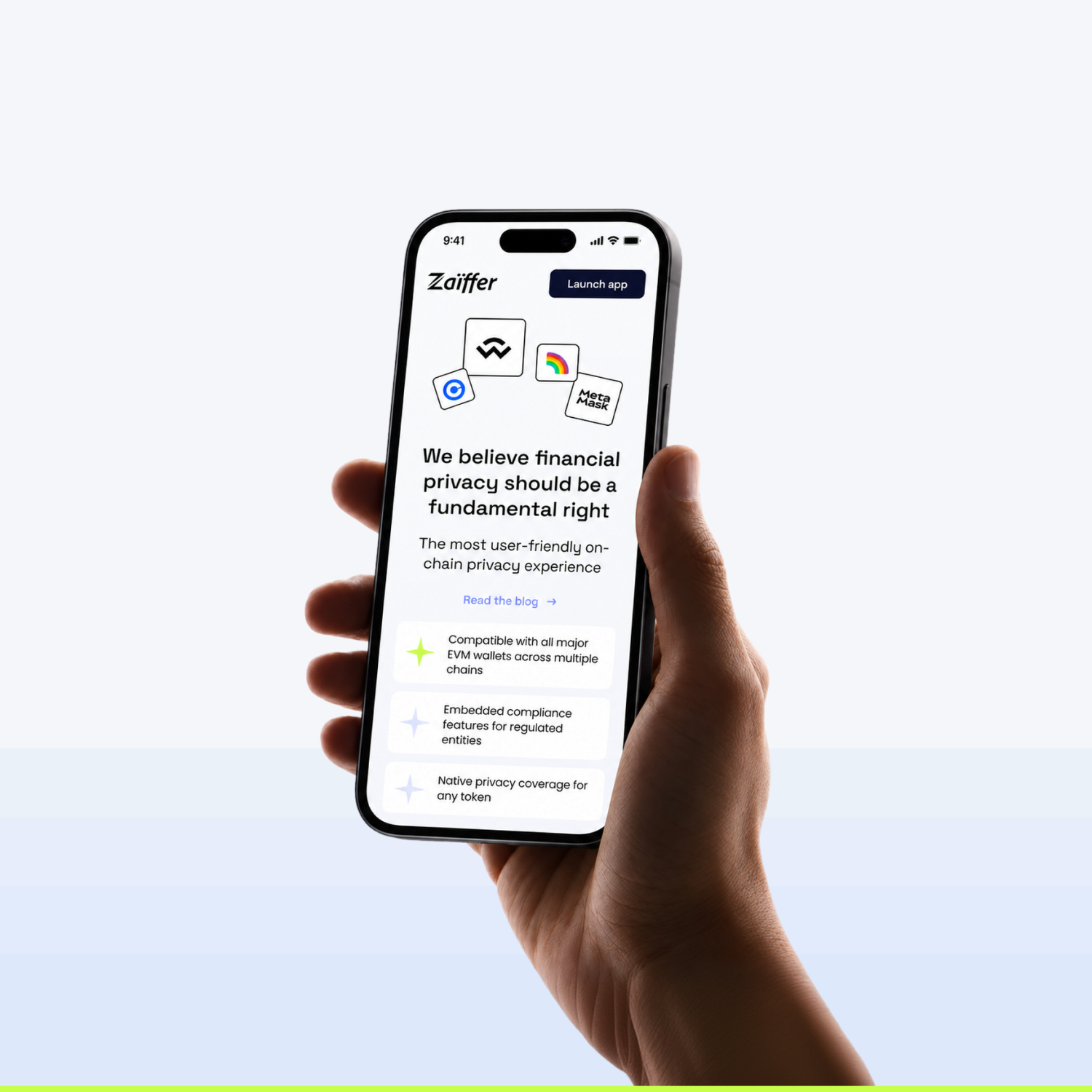 Zaiffer mobile website displayed on a phone held in a hand.