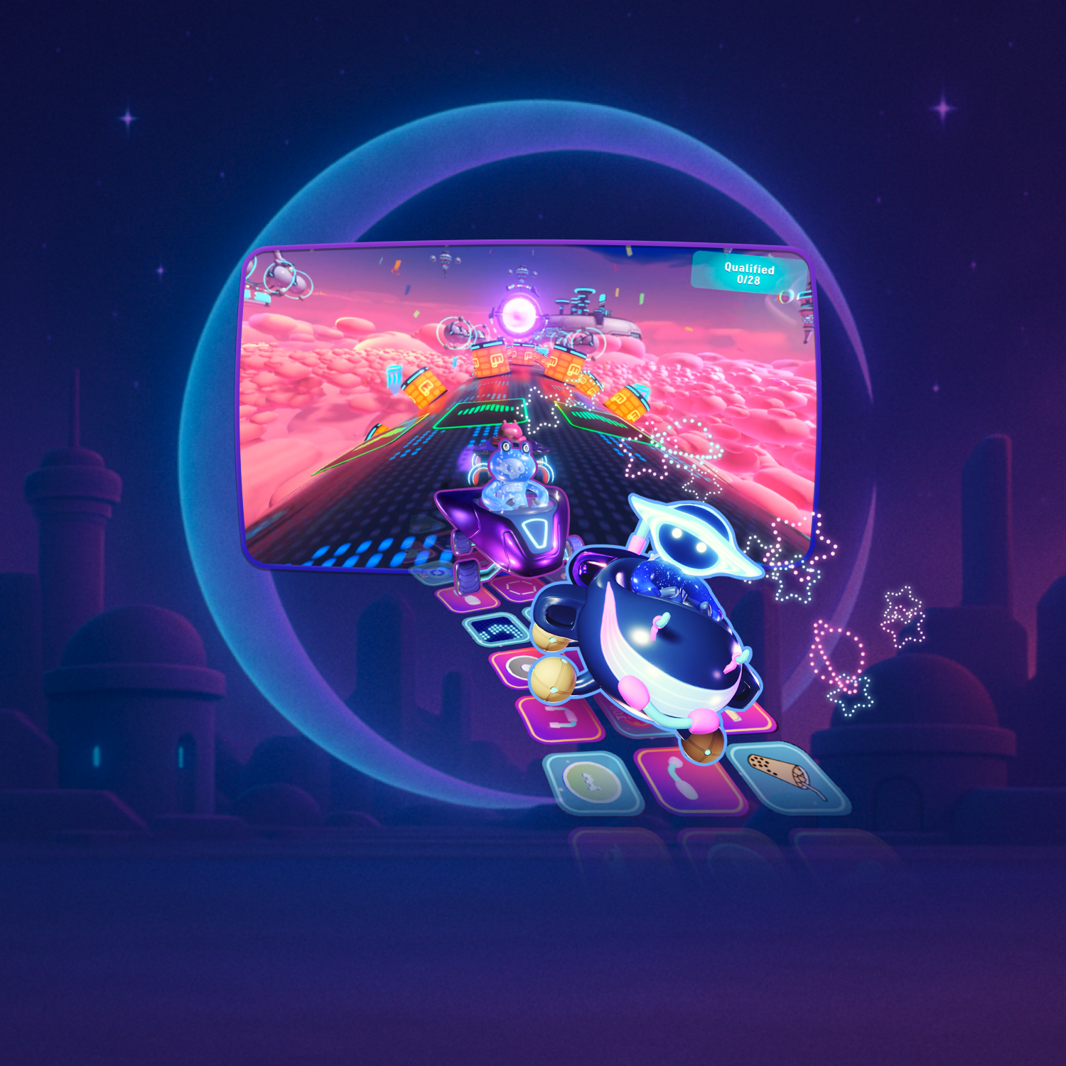 Cosmic Royale website with a racing kart on a blue and purple background.