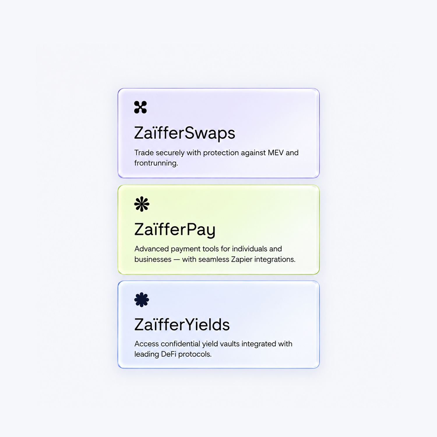 Zaiffer interface panels for confidential finance.