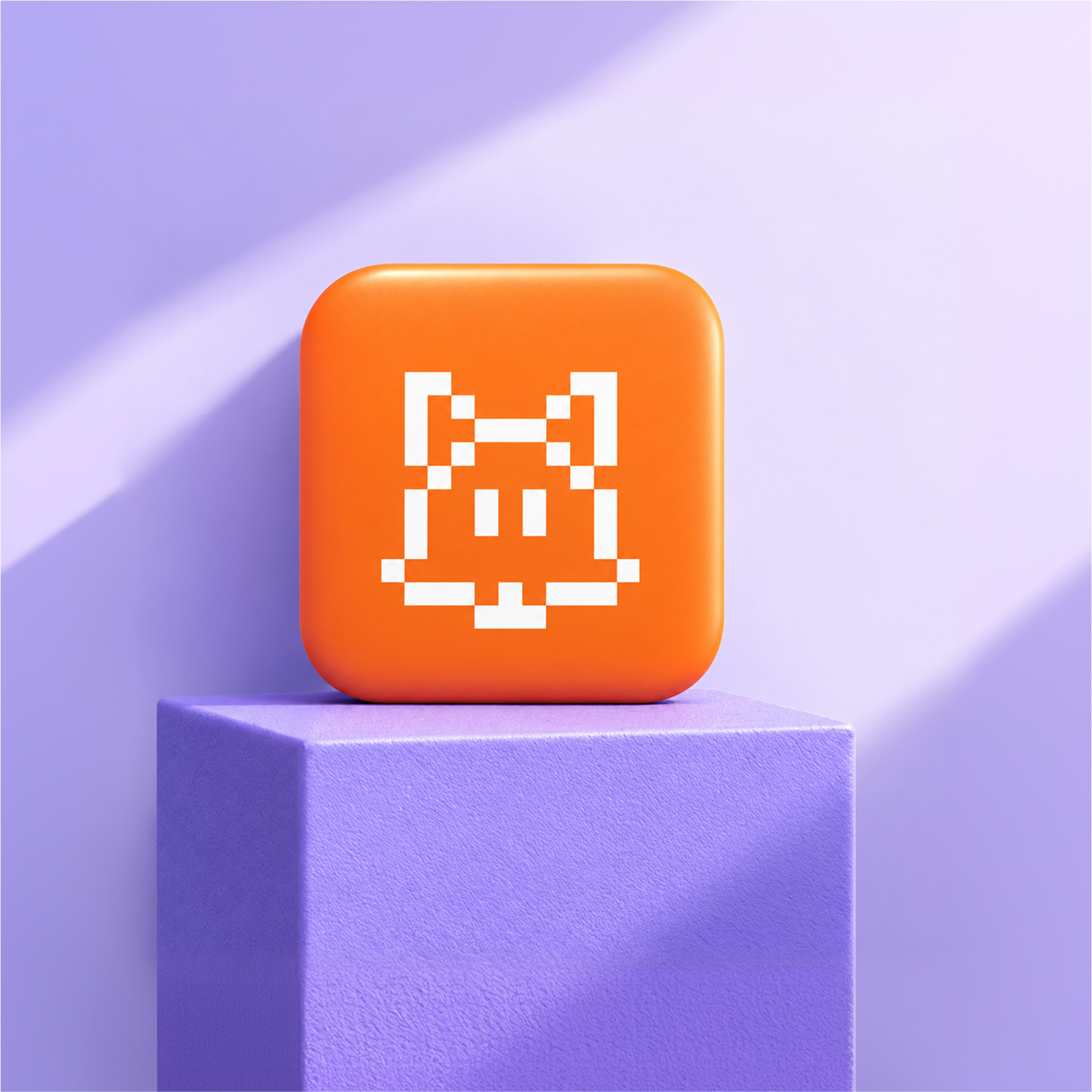 White pixel fox symbol on an orange icon against a purple background.