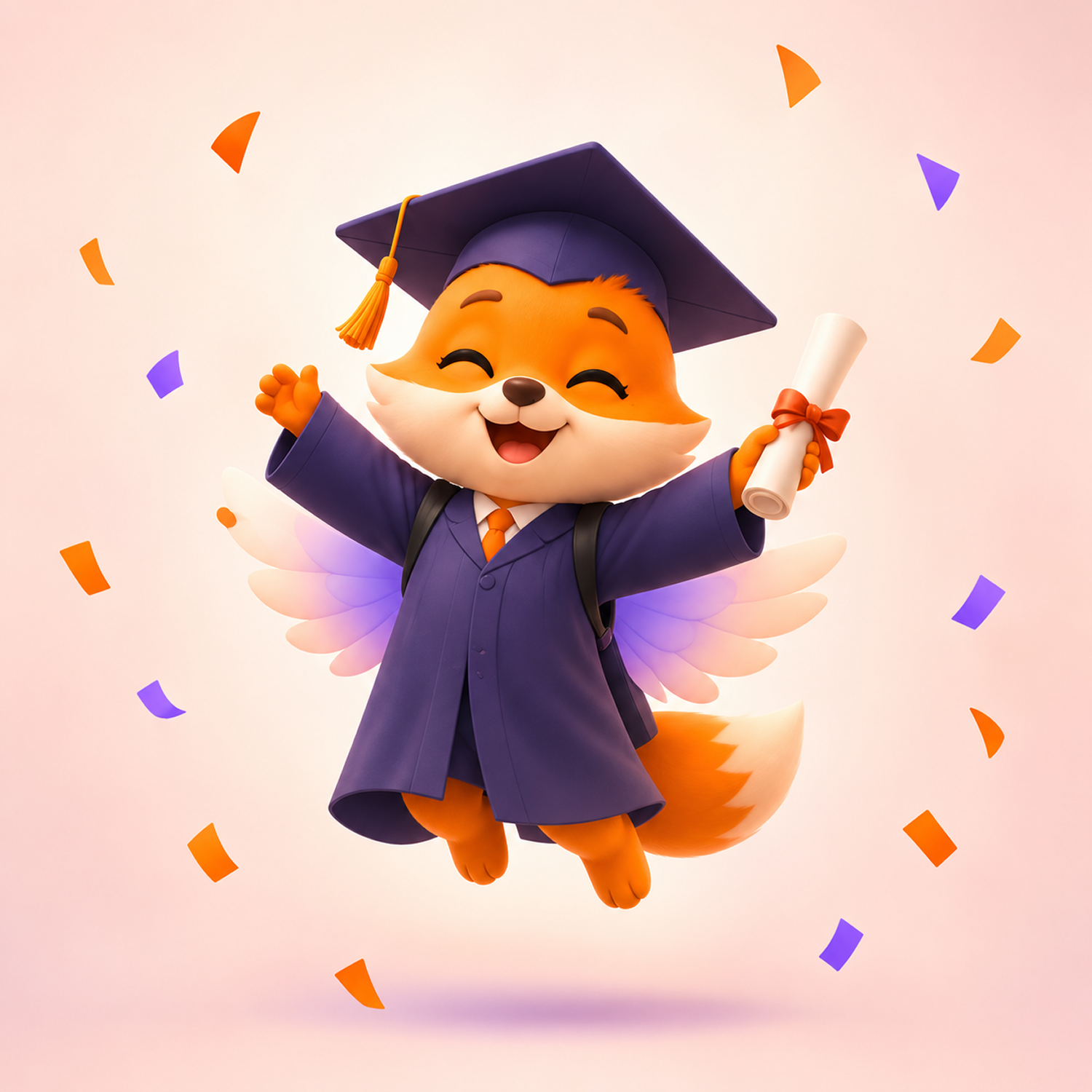Foxia mascot in purple graduation attire, holding a diploma.