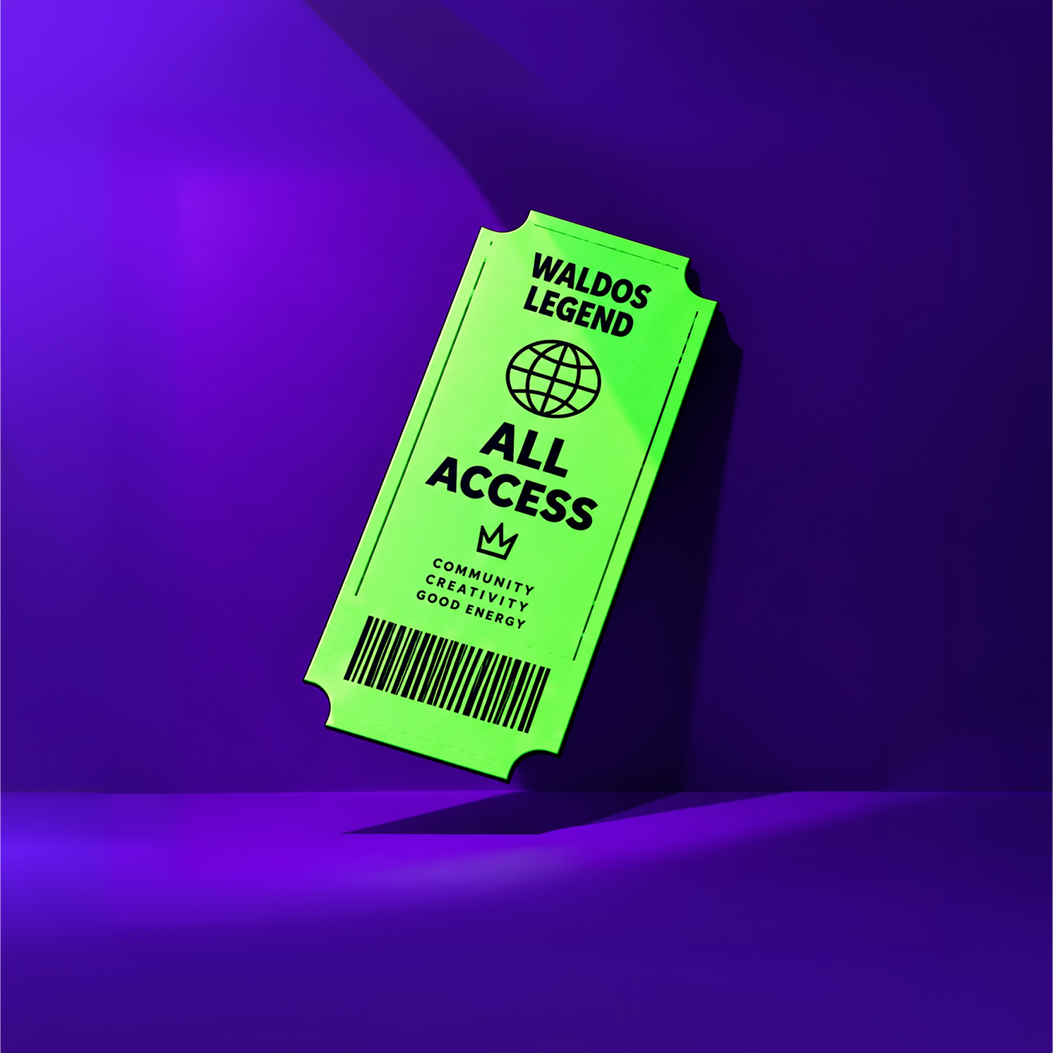 Ticket Waldos Legend vert fluorescent sur fond violet.