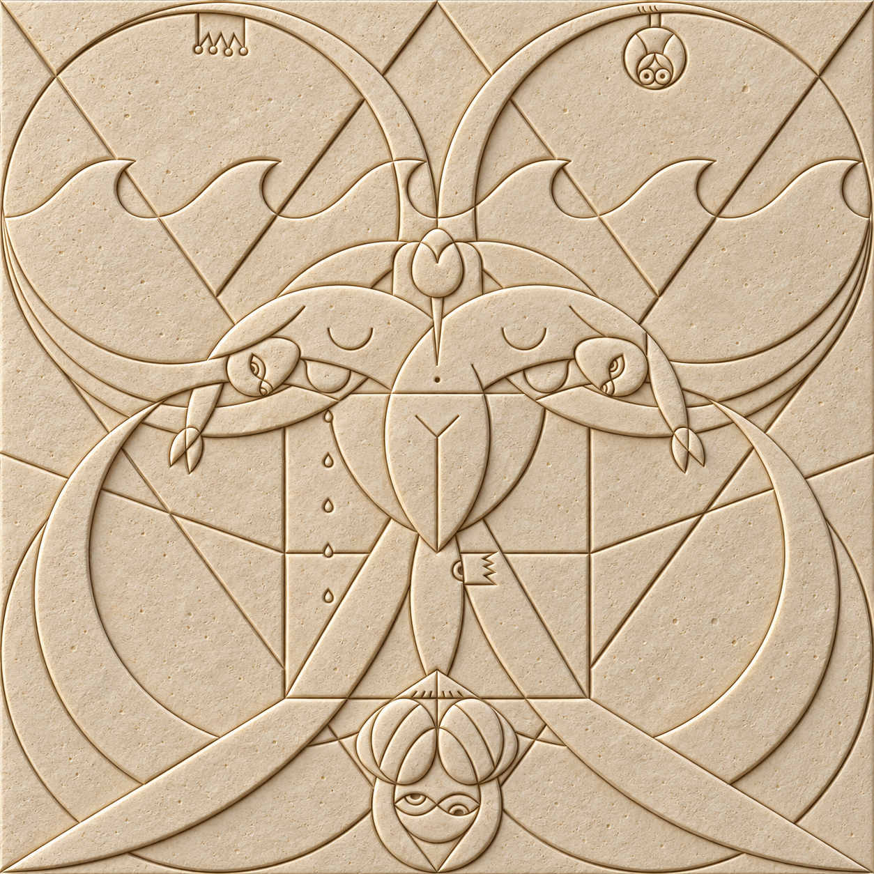 Sirin — bas-relief graphique beige composé de figures et de lignes géométriques.