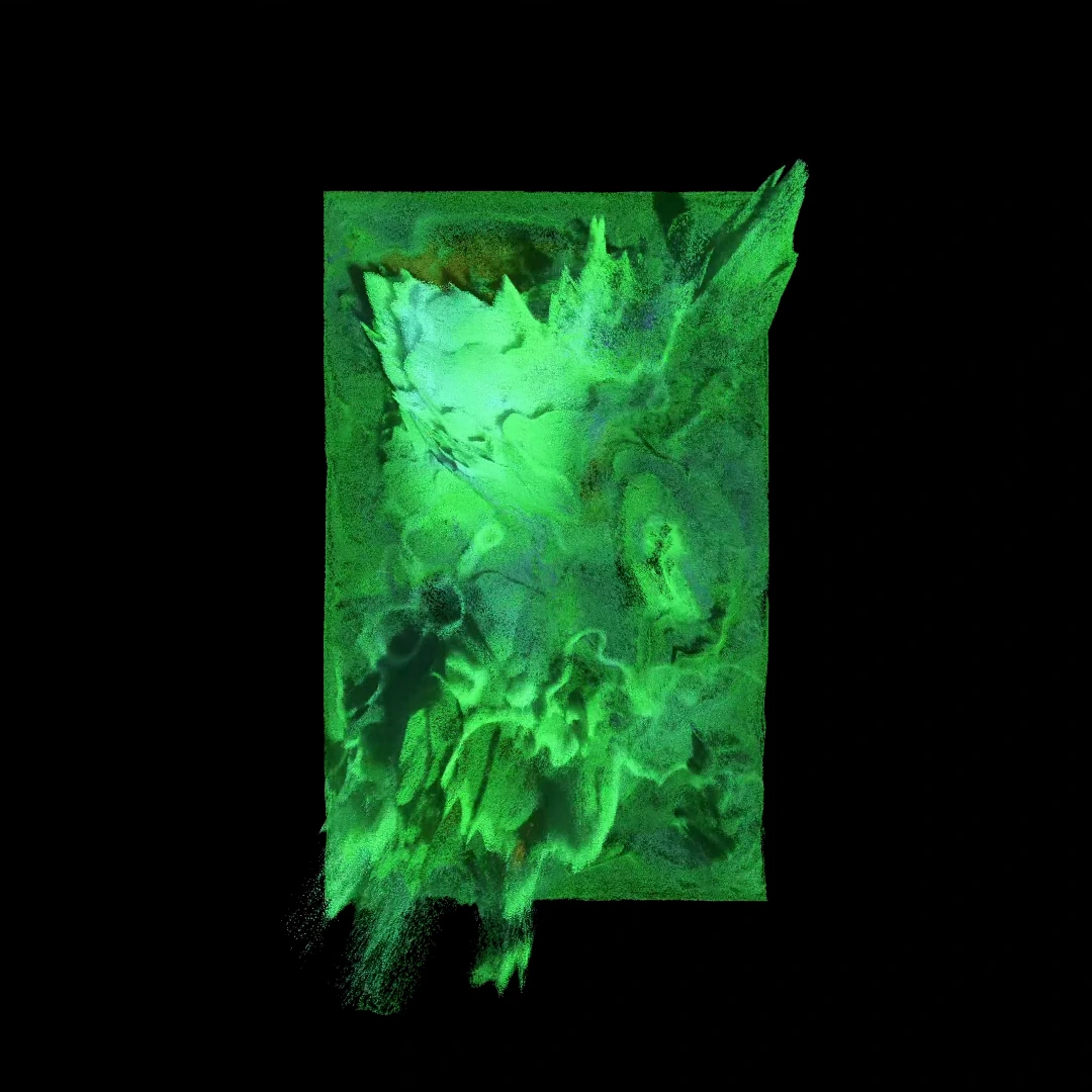 A multicoloured vertical form transforming into a luminous green surface.