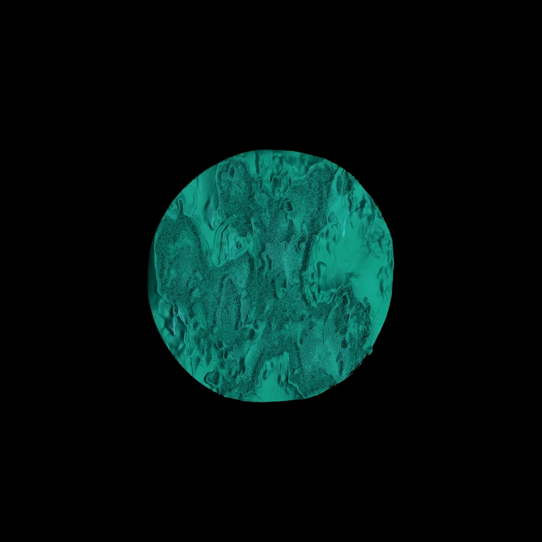 A turquoise organic disc evolving in relief against a black background.