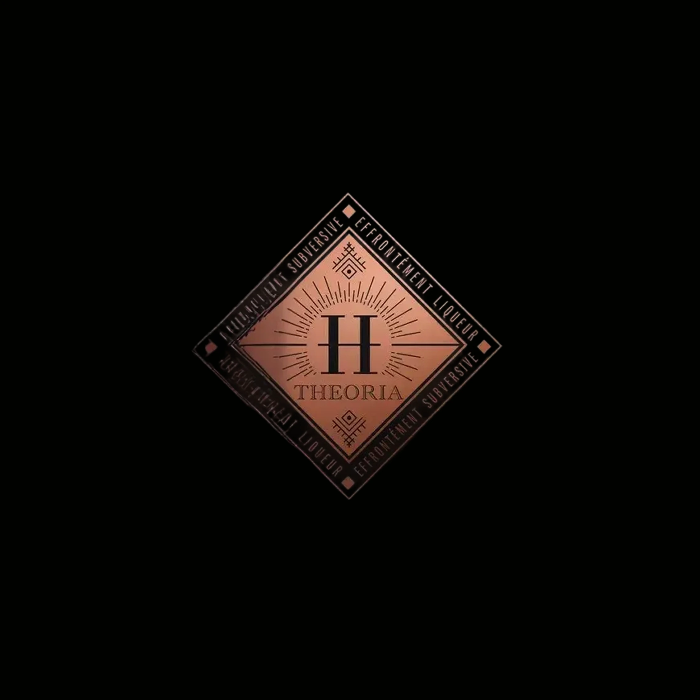 A copper-coloured diamond emblem centred on a black background.