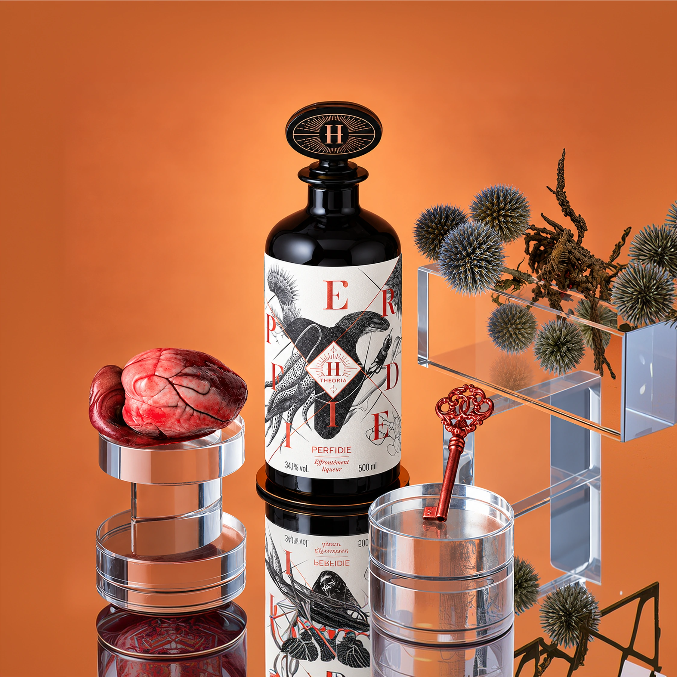 A dark bottle on a mirrored surface with metallic props, plants and an orange backdrop.