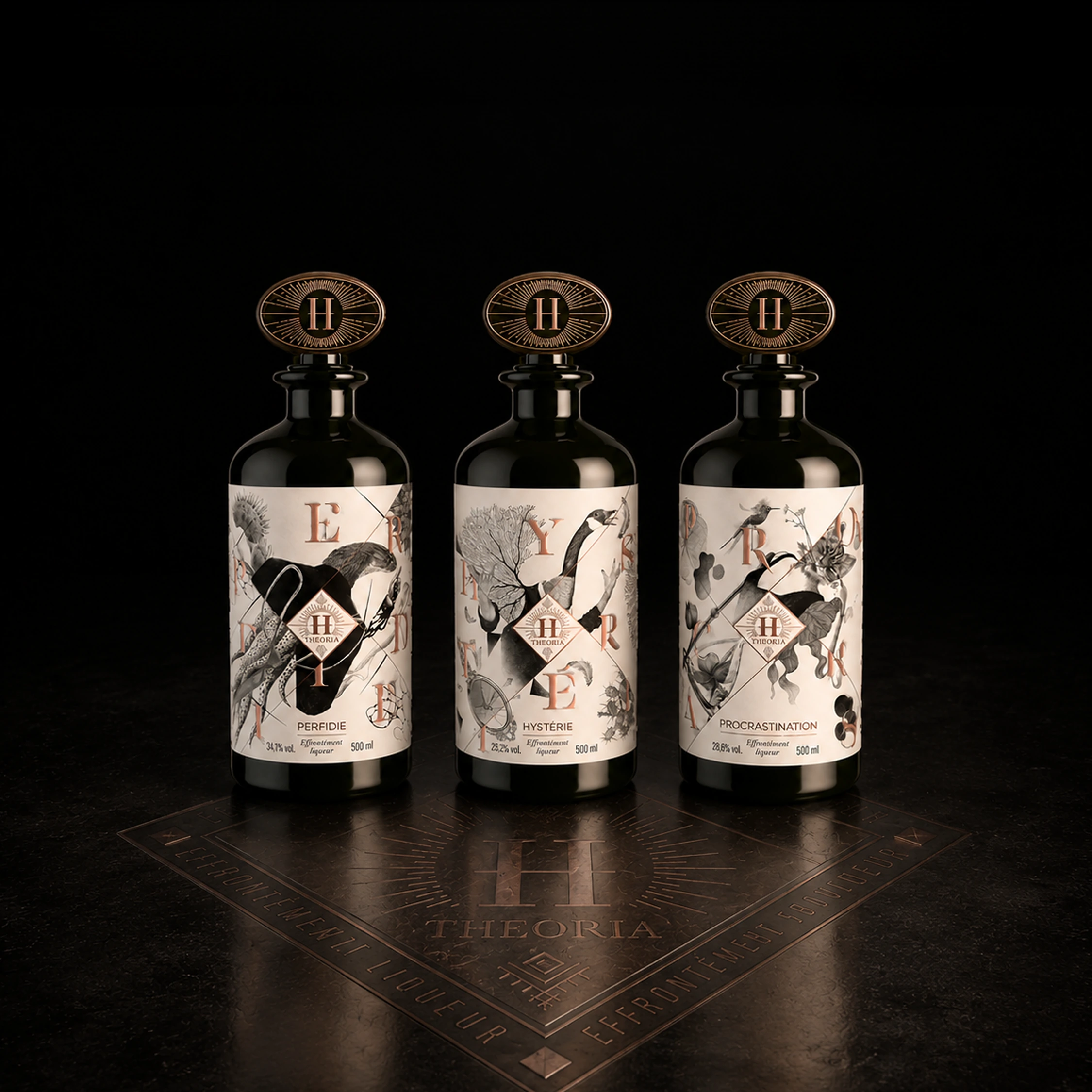 Three dark bottles with illustrated labels on a reflective black surface.