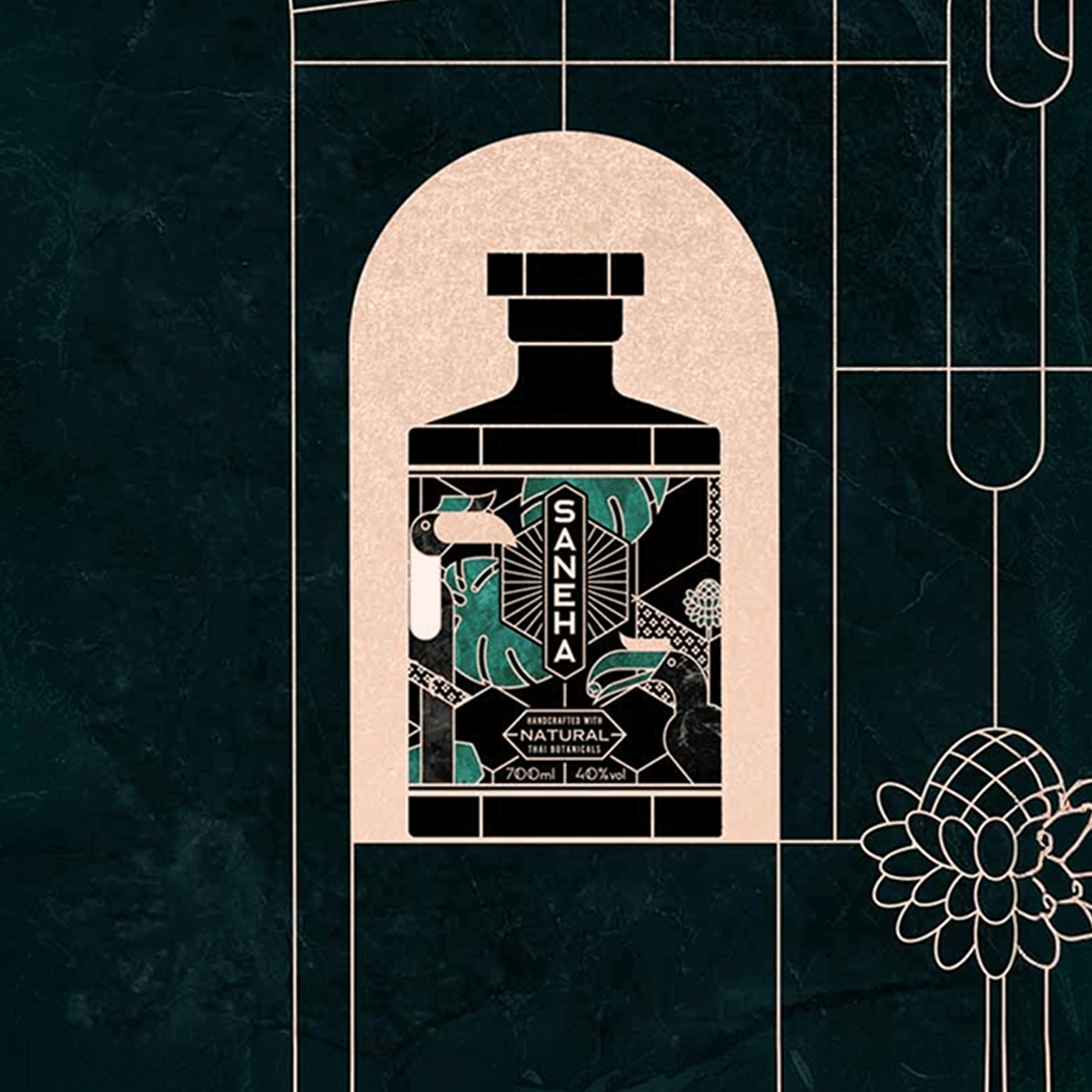 An illustrated dark bottle inside a beige arch with fine geometric lines on deep green.