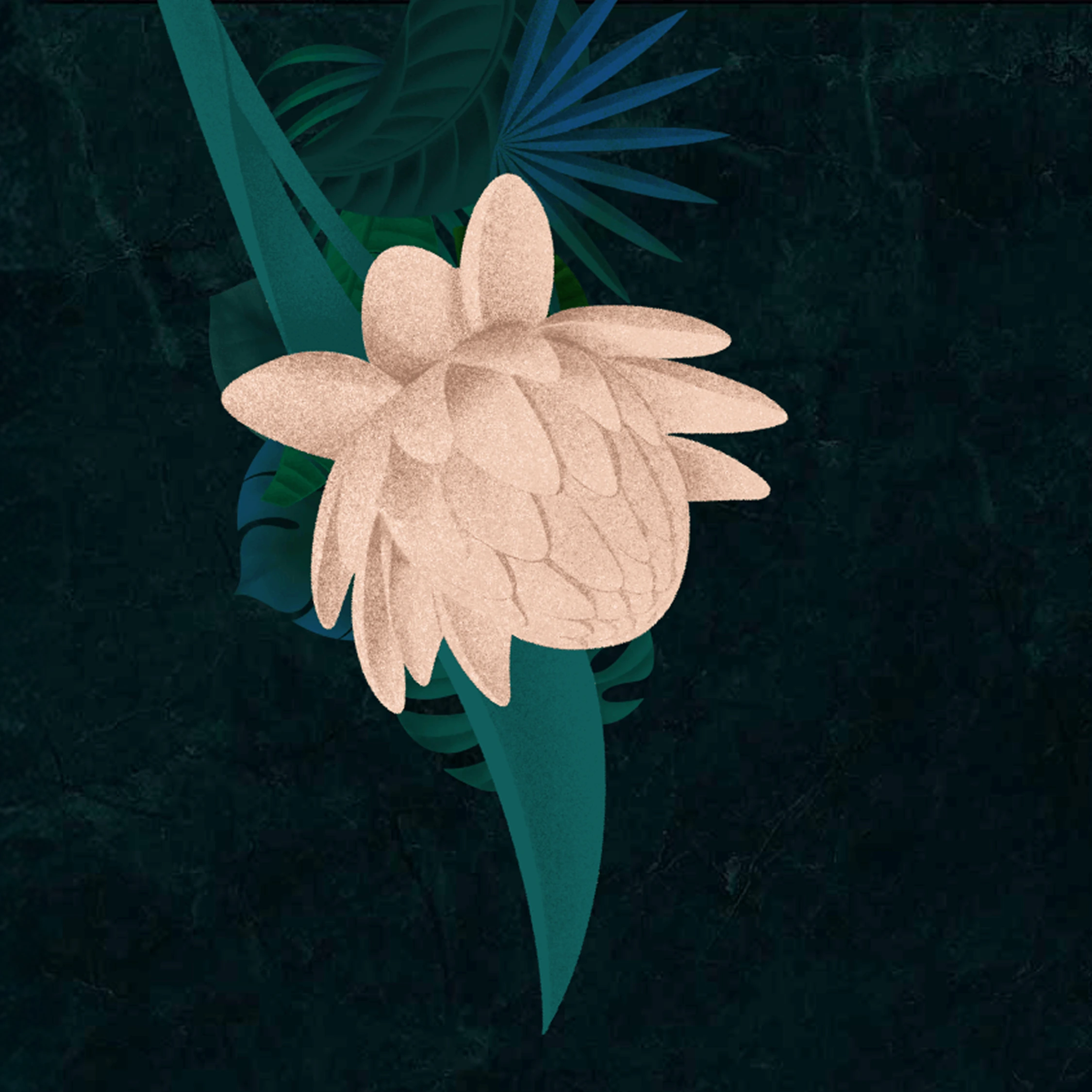 A pale illustrated flower hanging from teal foliage on a deep green textured background.
