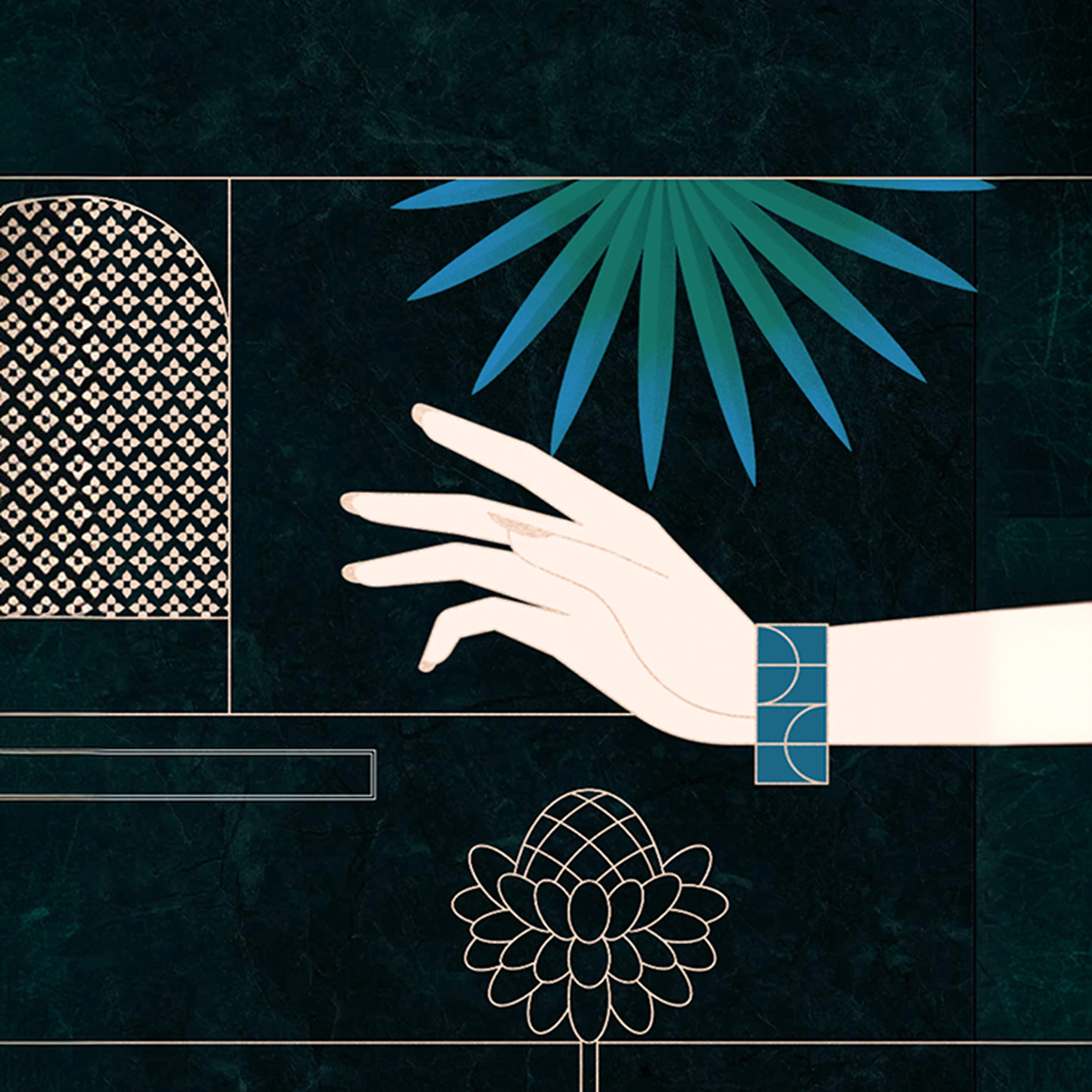 An illustrated pale hand beside teal foliage and fine geometric lines on deep green.