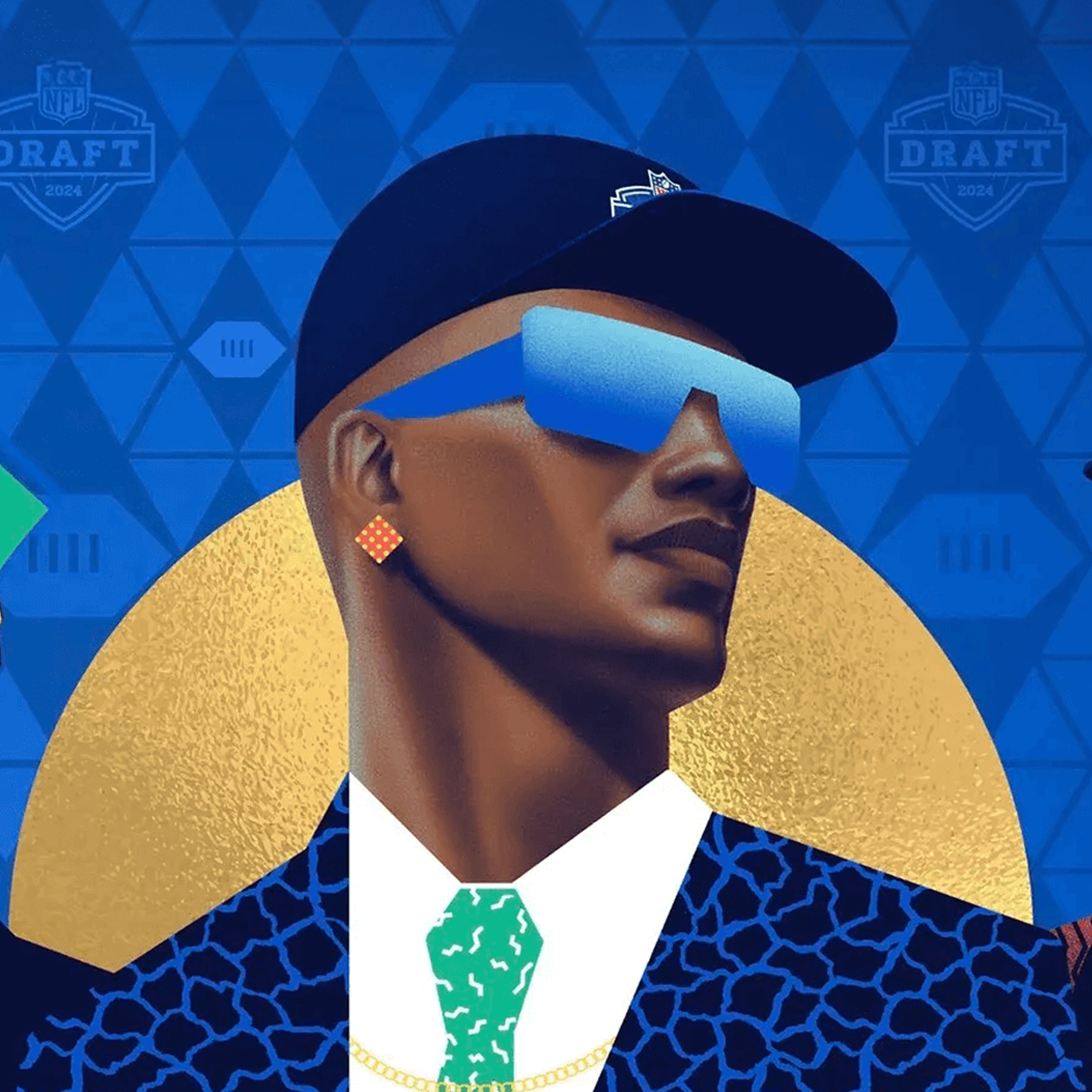 An illustrated figure in a navy cap and blue sunglasses against a blue and gold background.