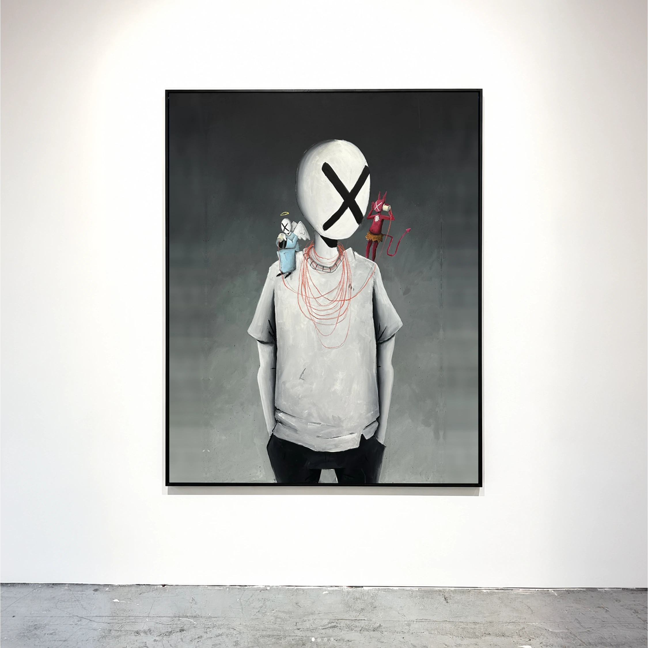 A framed portrait of a figure with a white head marked by a black cross.