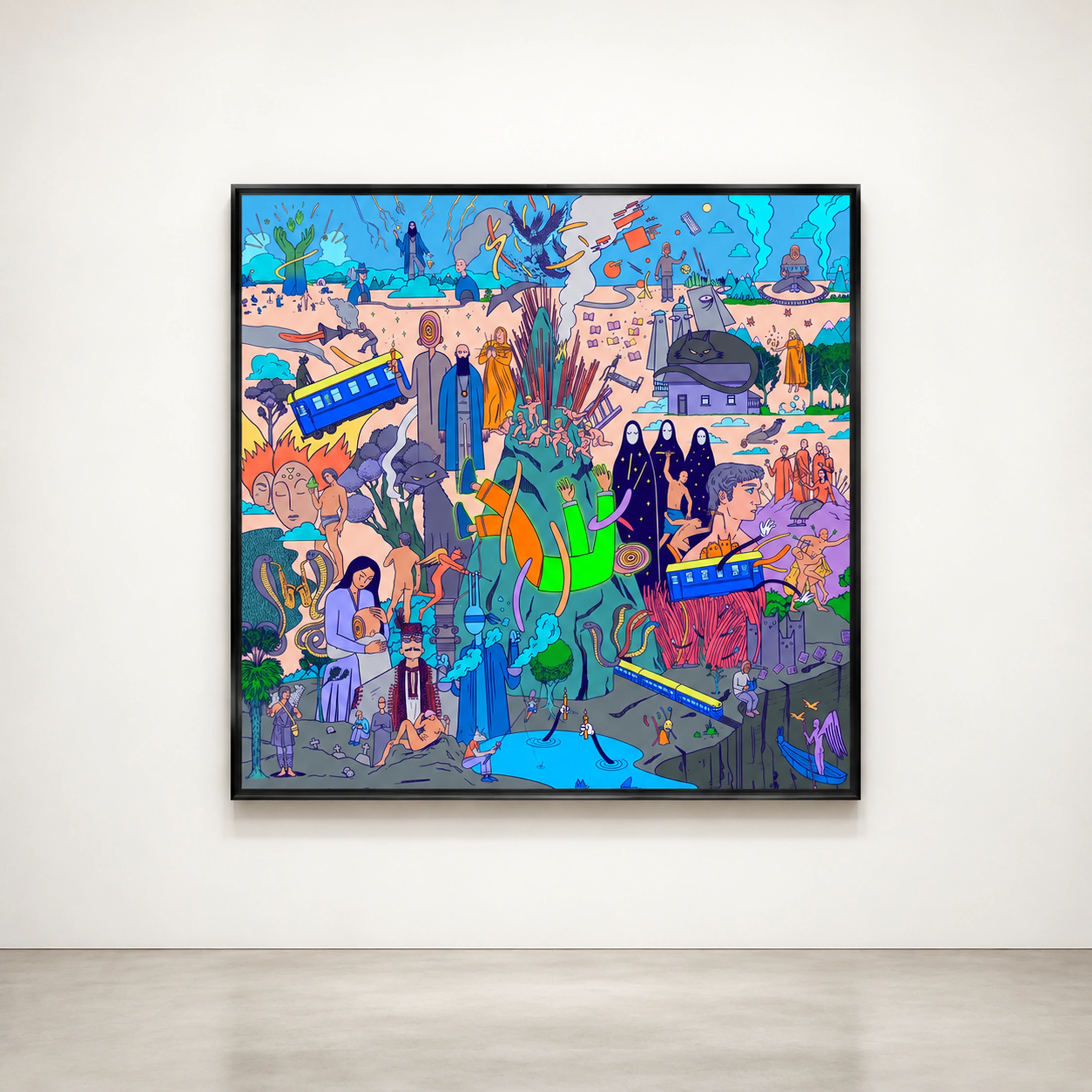 A framed square illustration filled with colourful figures and fantastical city scenes.