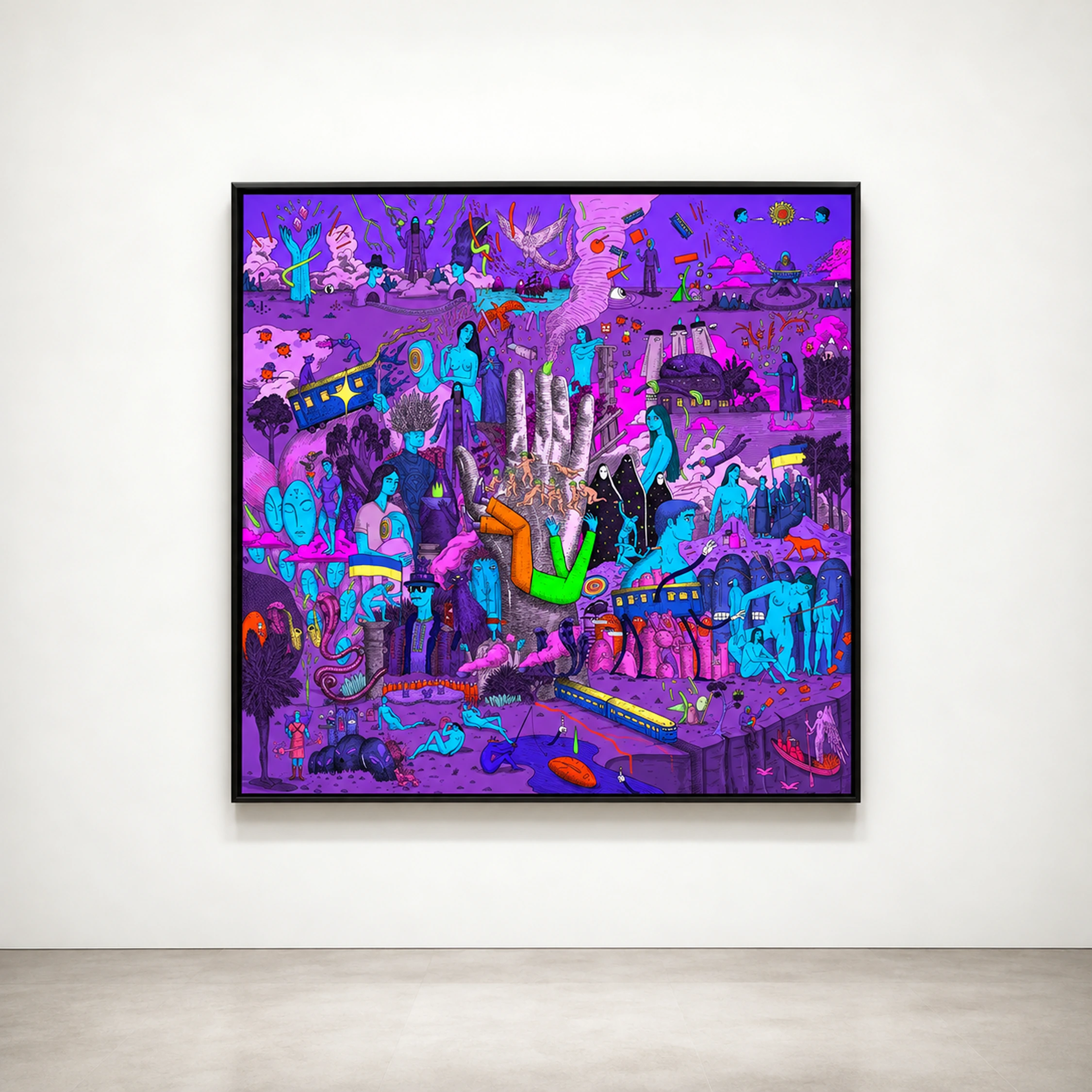 A framed square illustration of a dense fantastical scene in purple and blue.