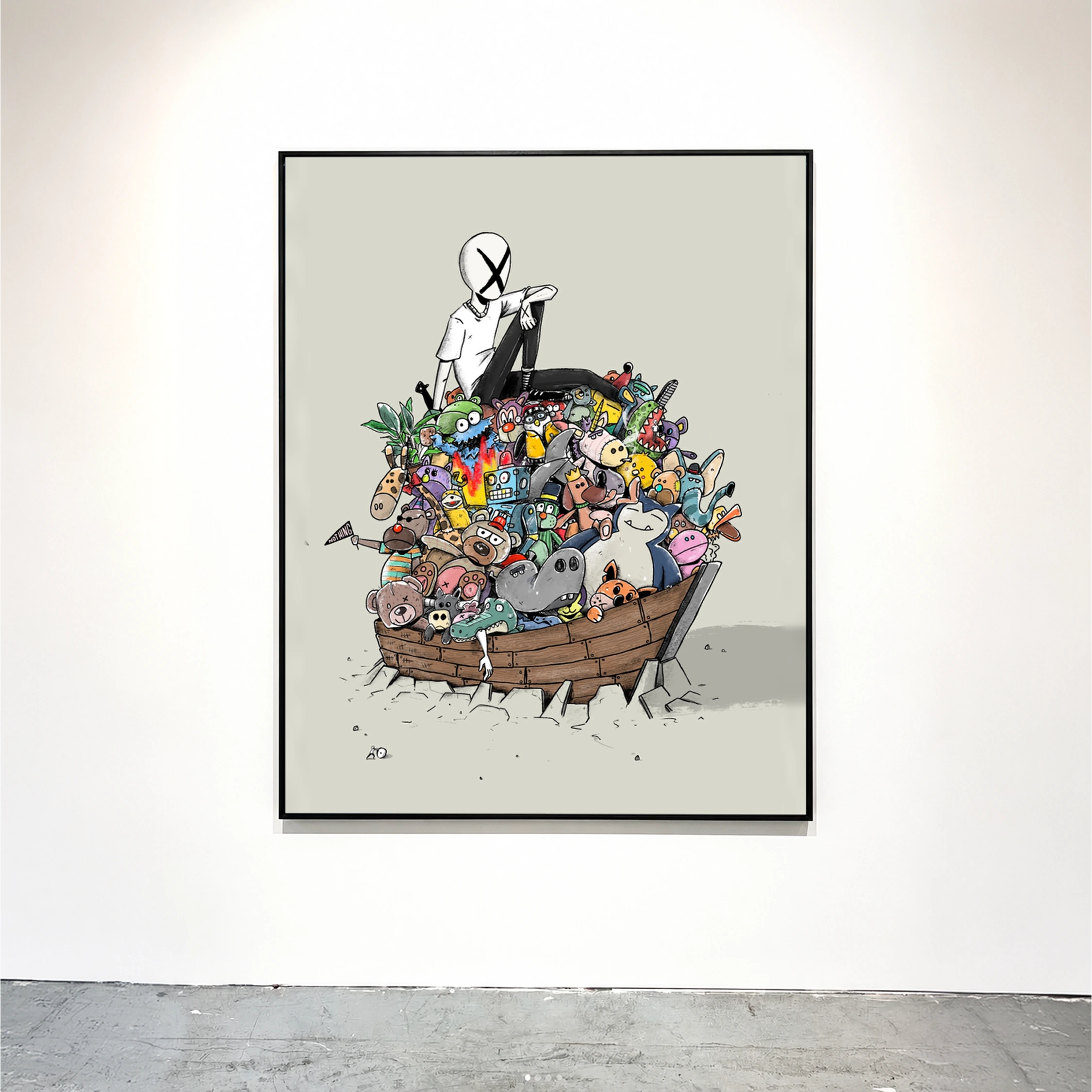 A framed illustration of a masked figure seated above a dense pile of colourful objects.