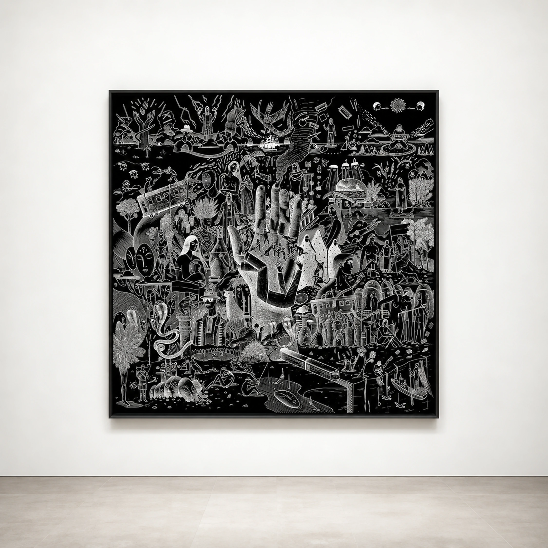 A framed black and white illustration filled with intricate figures and fantastical structures.