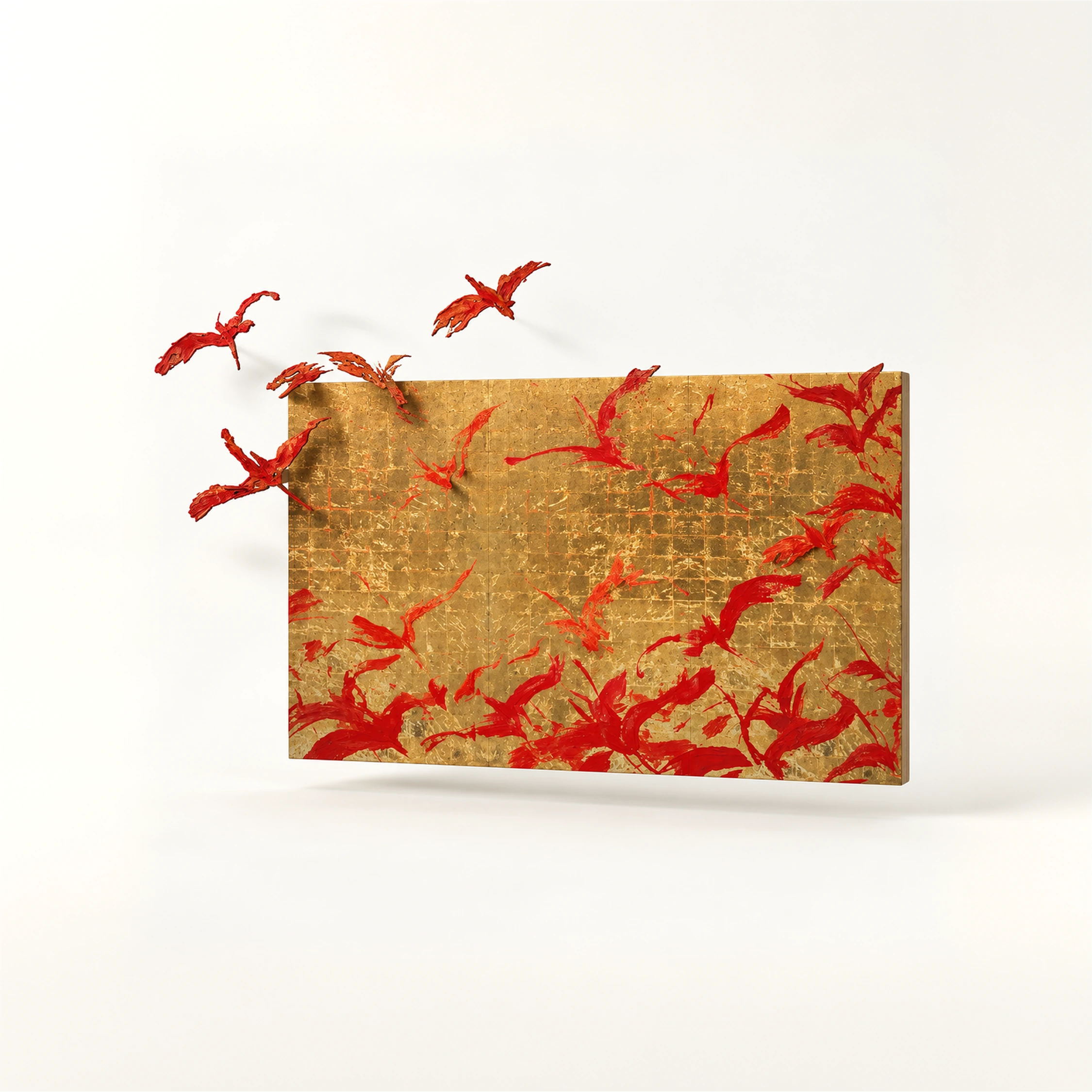 Un panel dorado con pájaros rojos, algunos fuera de la superficie rectangular, sobre un fondo claro.